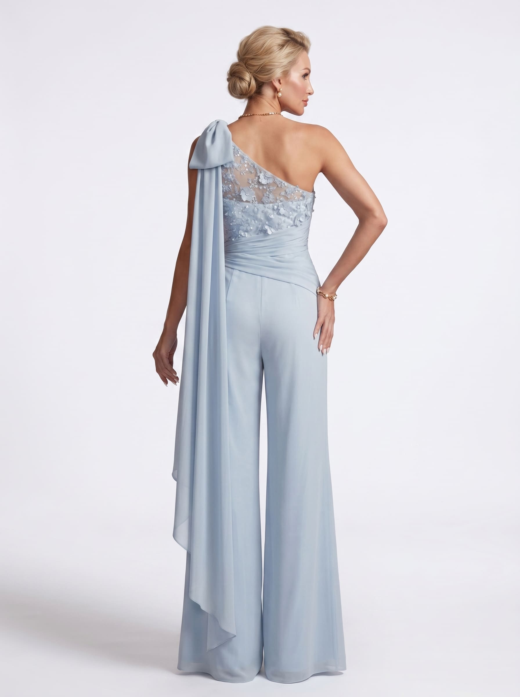 Sky Blue Floral Lace One-Shoulder Formal Pantsuit - Wide Leg Mother of the Bride Jumpsuit with Cape & Ruched Waist