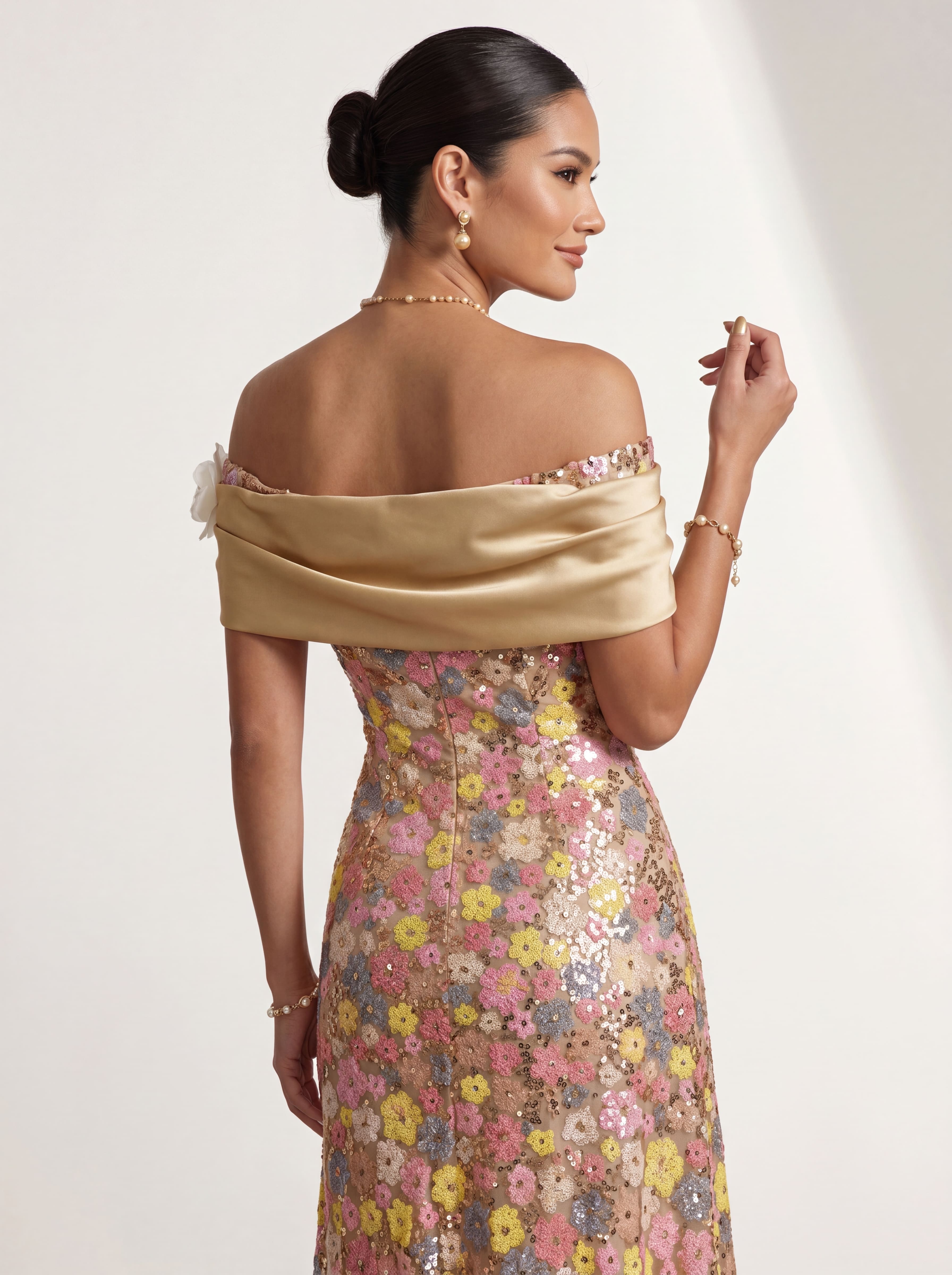 Champagne Pastel Floral Sequin A-Line Evening Gown - Off-The-Shoulder Satin Mother of the Bride Dress with Pockets