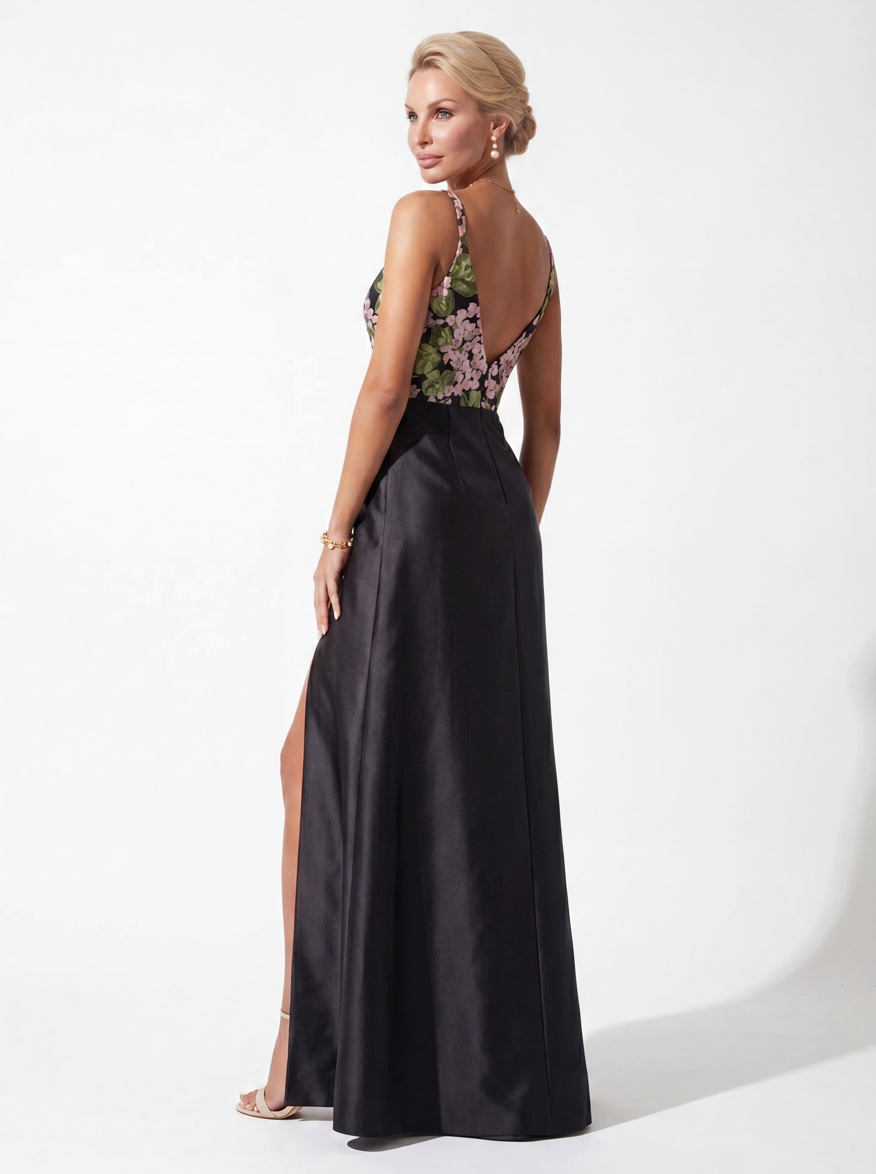 Black Floral Embroidered V-Neck Evening Gown - Structured Satin A-Line Mother of the Bride Dress with Slit