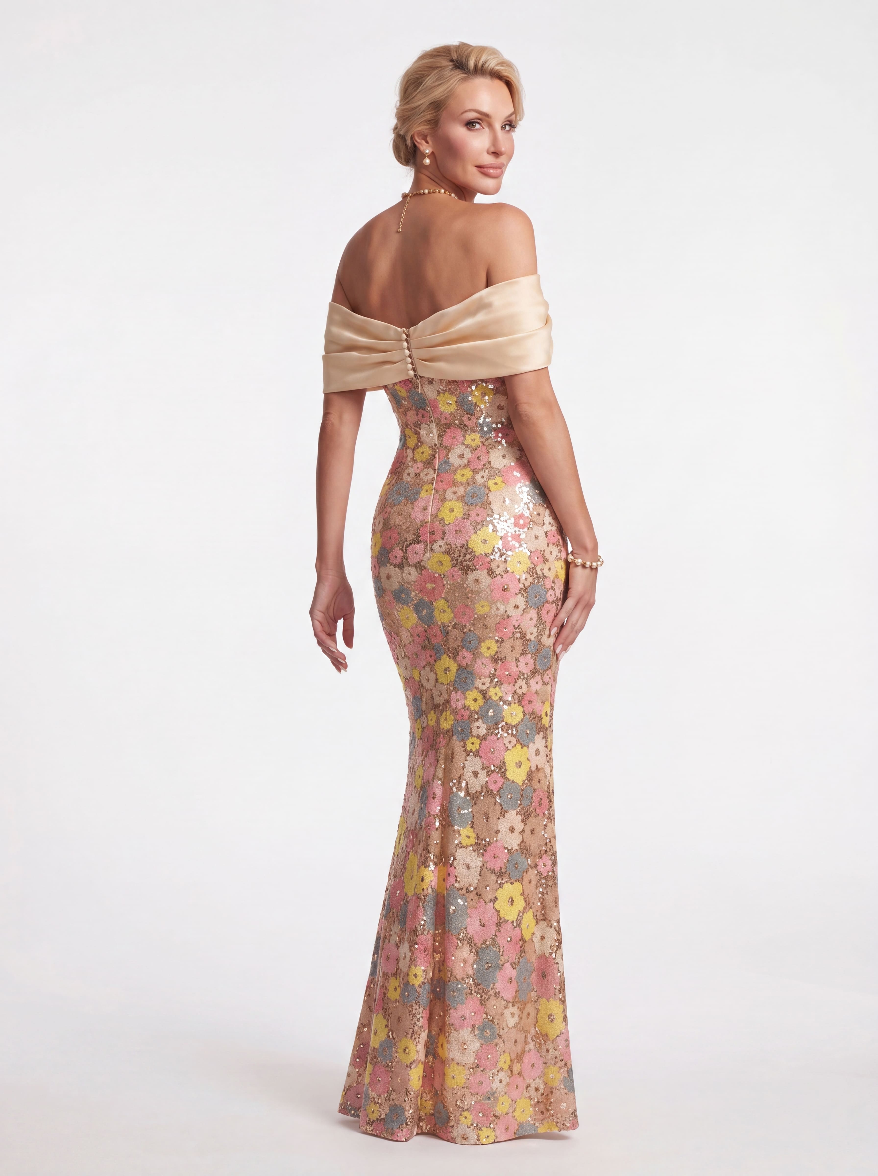 Champagne Pastel Floral Sequin Mermaid Evening Gown - Off-The-Shoulder Satin Bow Prom & Mother of the Bride Dress