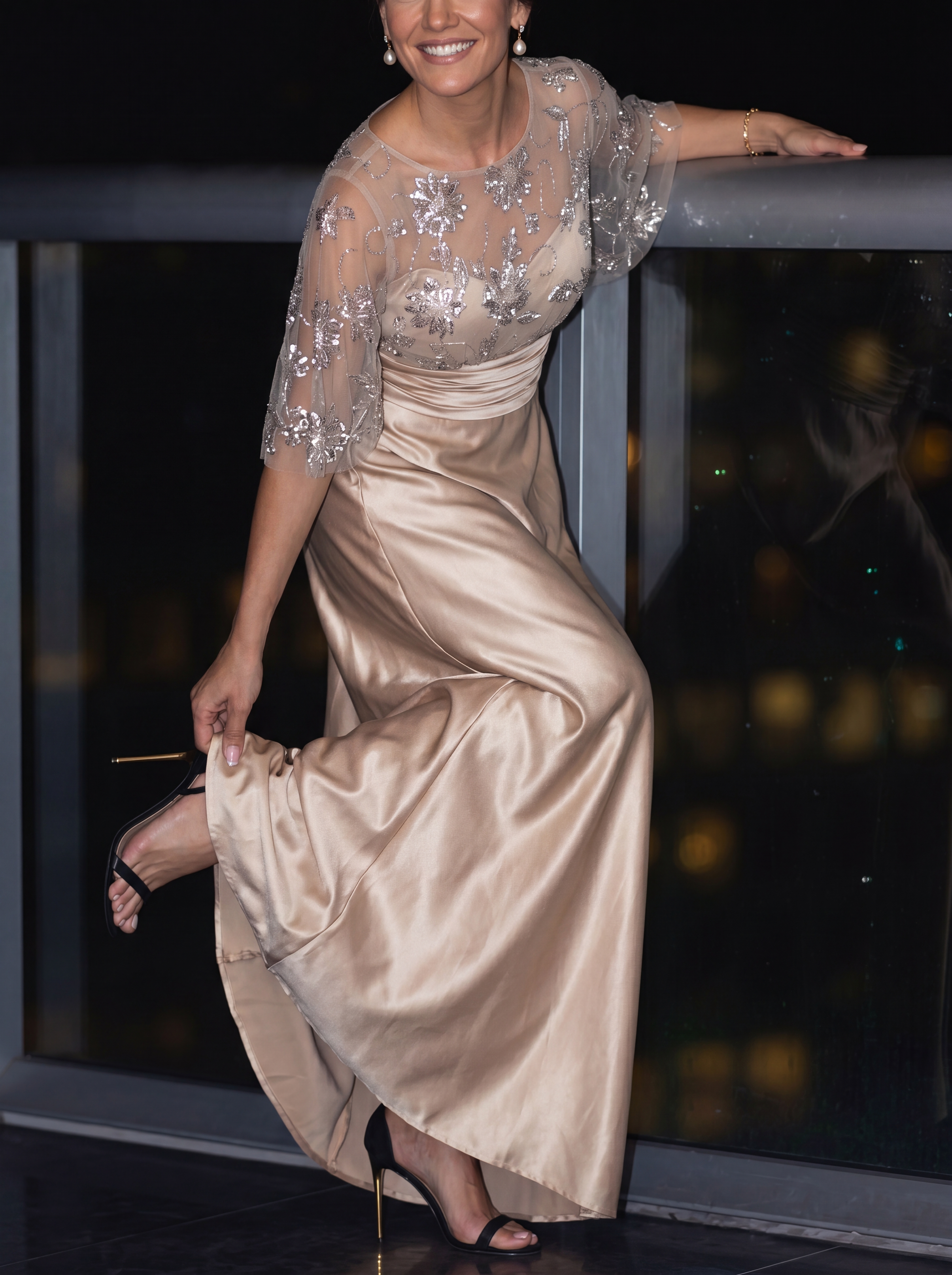 Champagne Floral Beaded Capelet Evening Gown - Ruched Satin A-Line Grandmother of the Bride Dress