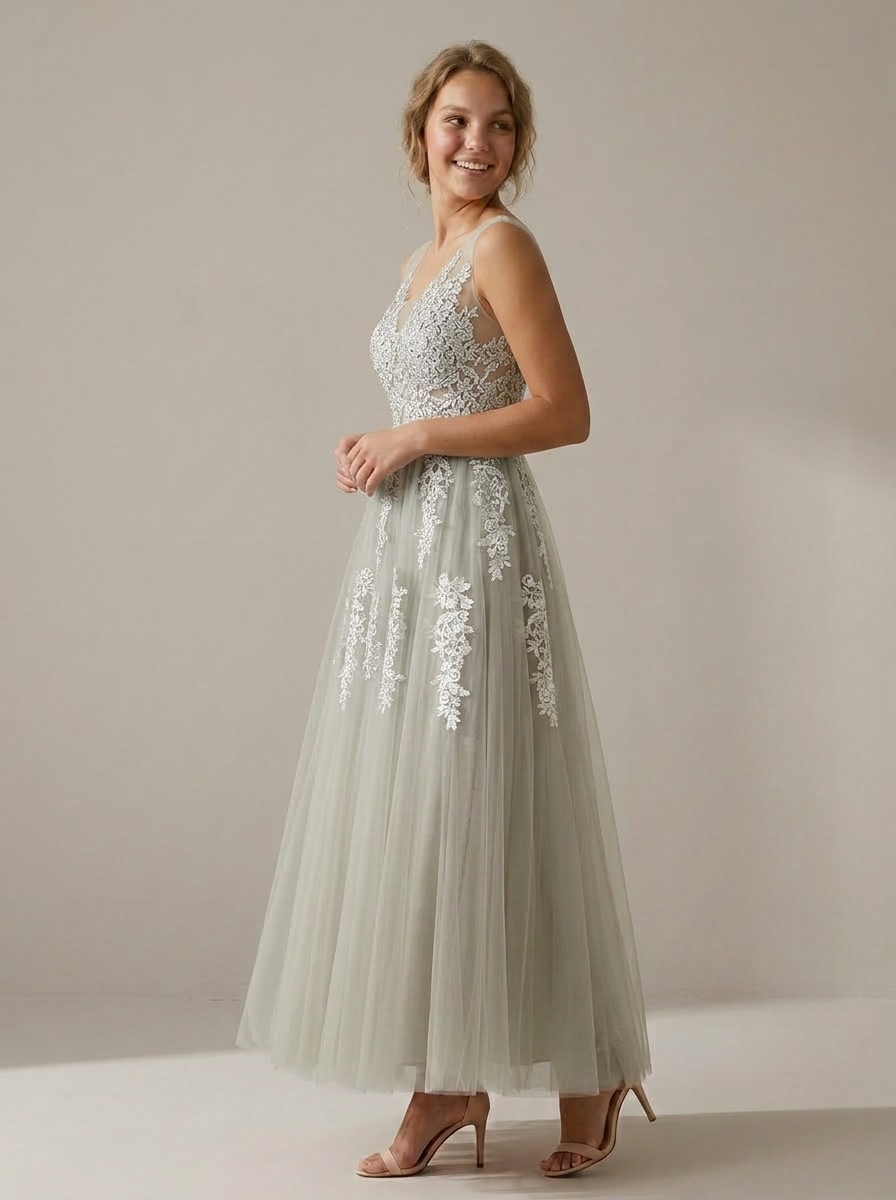 Ethereal Deep V-Neck Lace Applique Tulle A-Line Evening Gown | Backless Maxi Prom Dress for Formal Events