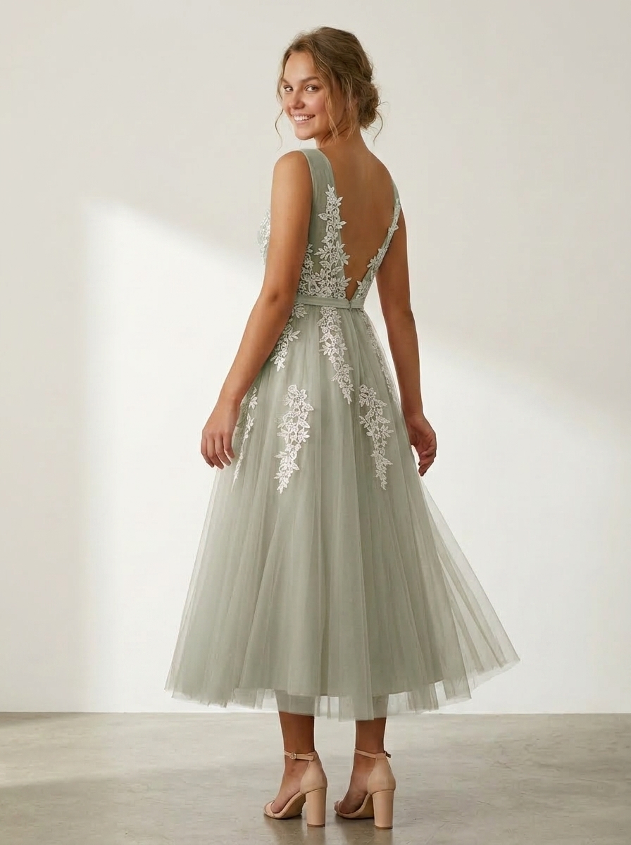 Ethereal Deep V-Neck Lace Applique Tulle A-Line Evening Gown | Backless Maxi Prom Dress for Formal Events