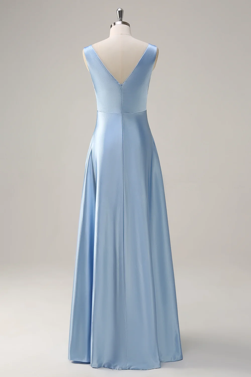 SKU - 408D06BN058 Sky Blue A Line V Neck Open Back Satin Long Bridesmaid Dress