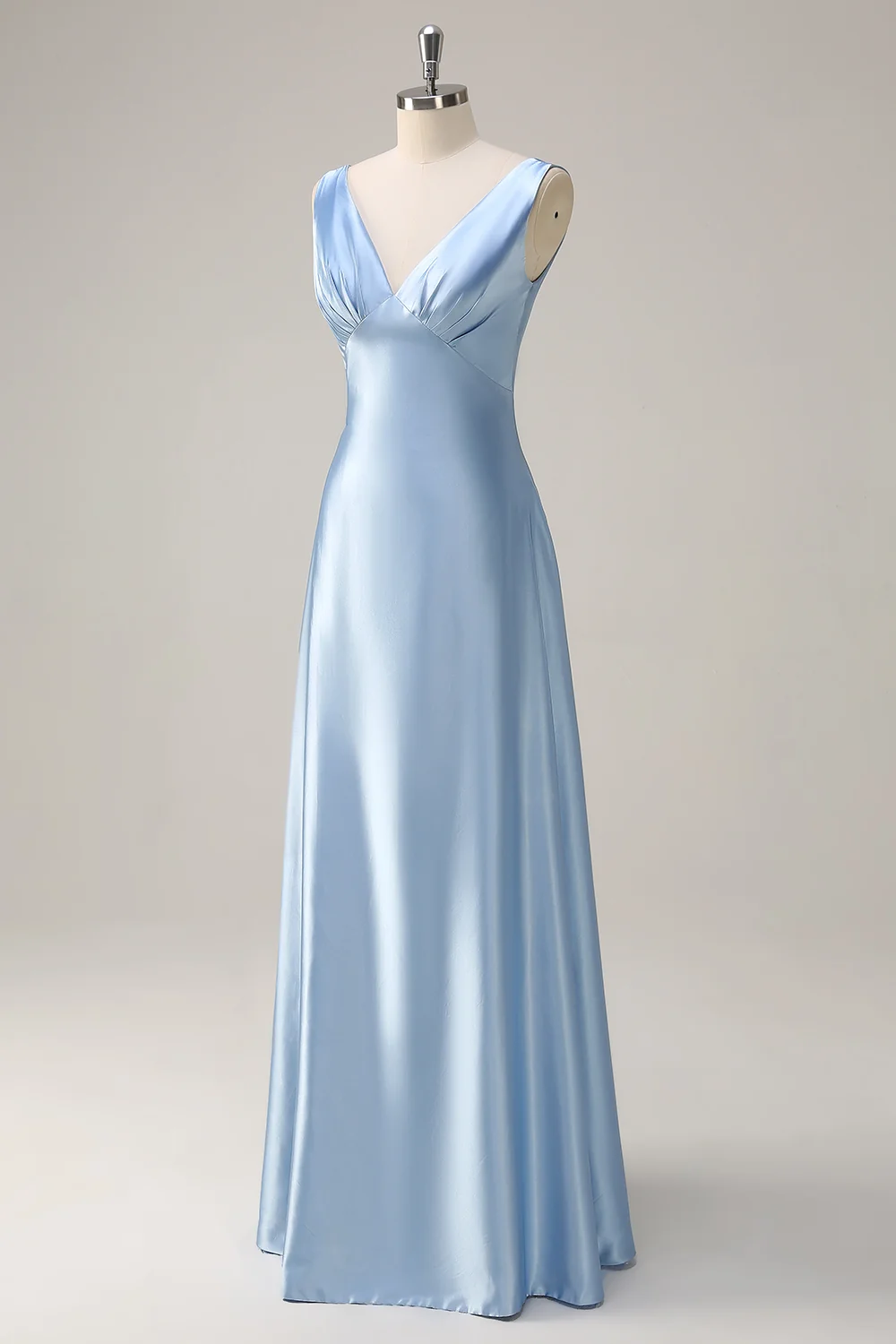 SKU - 408D06BN058 Sky Blue A Line V Neck Open Back Satin Long Bridesmaid Dress