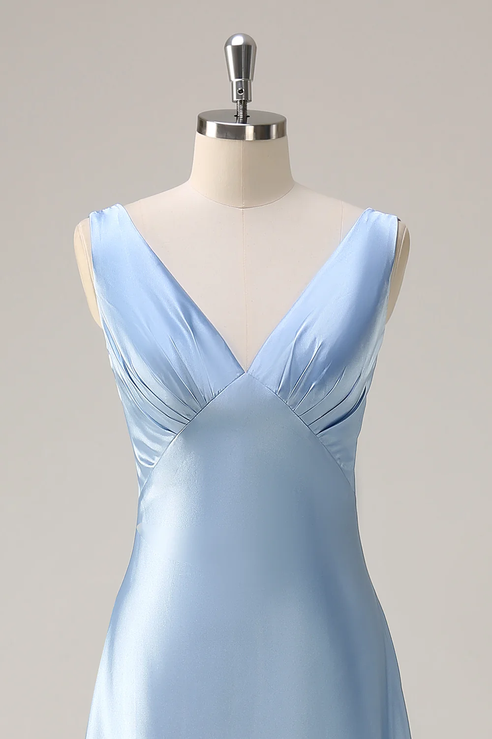 SKU - 408D06BN058 Sky Blue A Line V Neck Open Back Satin Long Bridesmaid Dress