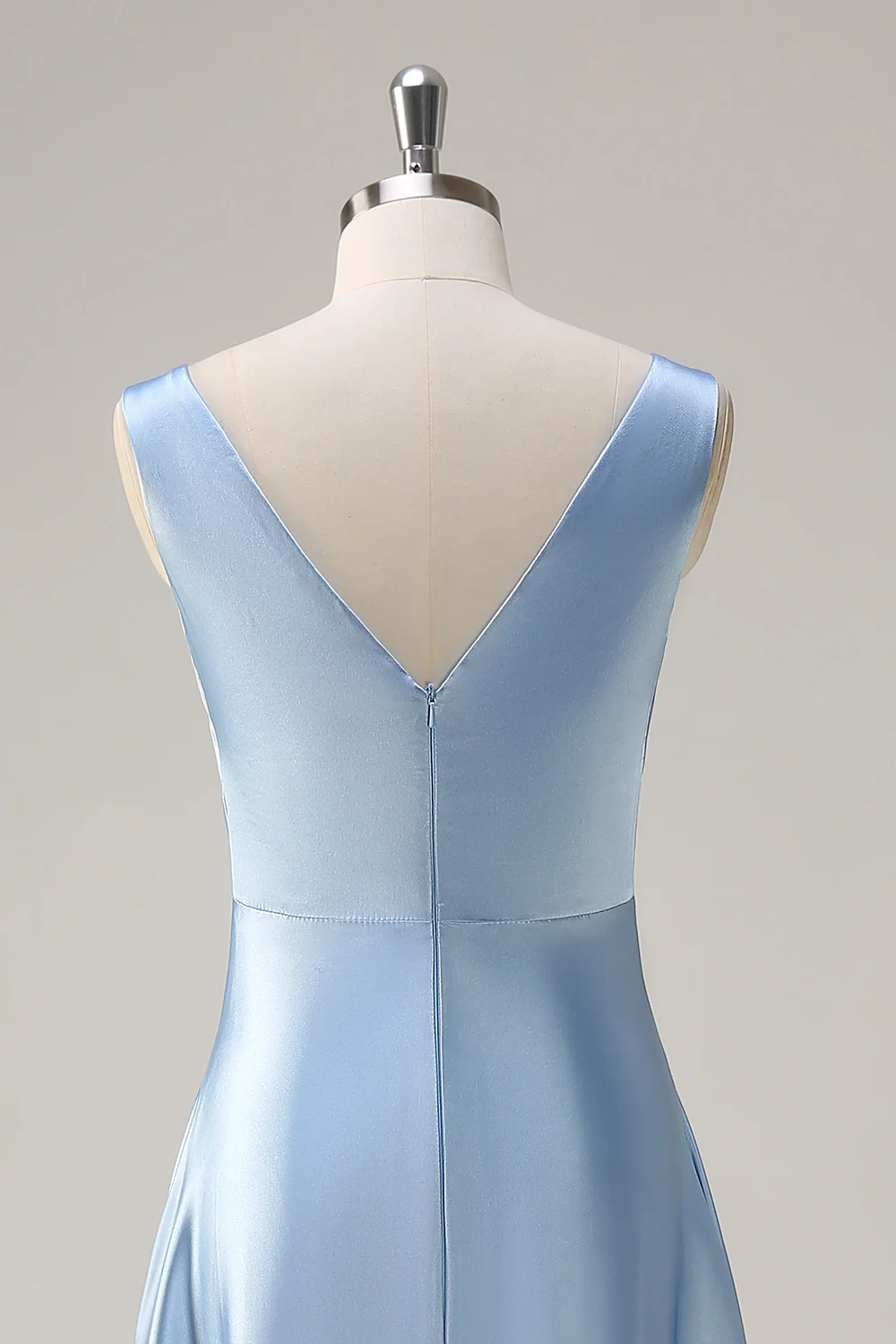 SKU - 408D06BN058 Sky Blue A Line V Neck Open Back Satin Long Bridesmaid Dress