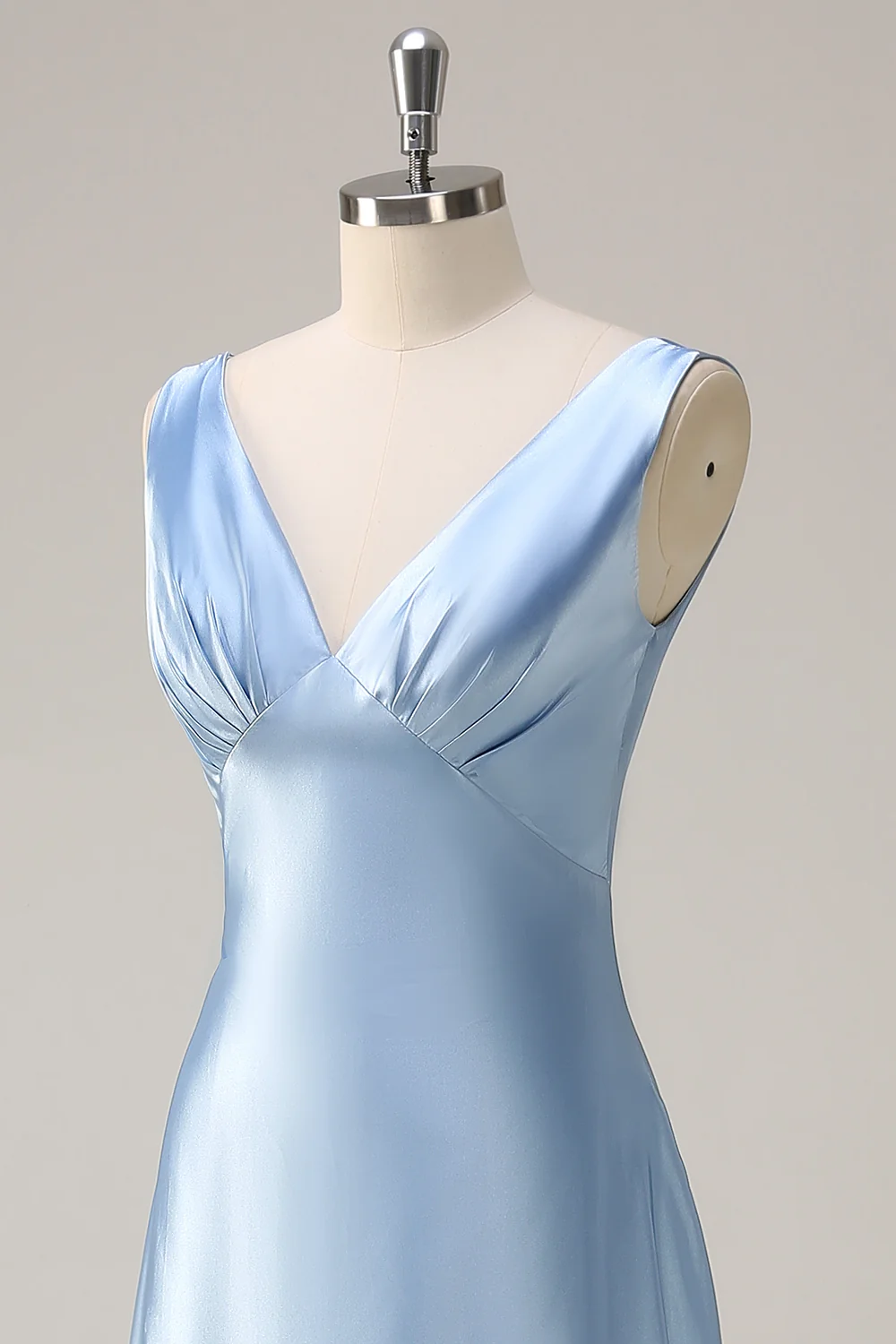 SKU - 408D06BN058 Sky Blue A Line V Neck Open Back Satin Long Bridesmaid Dress