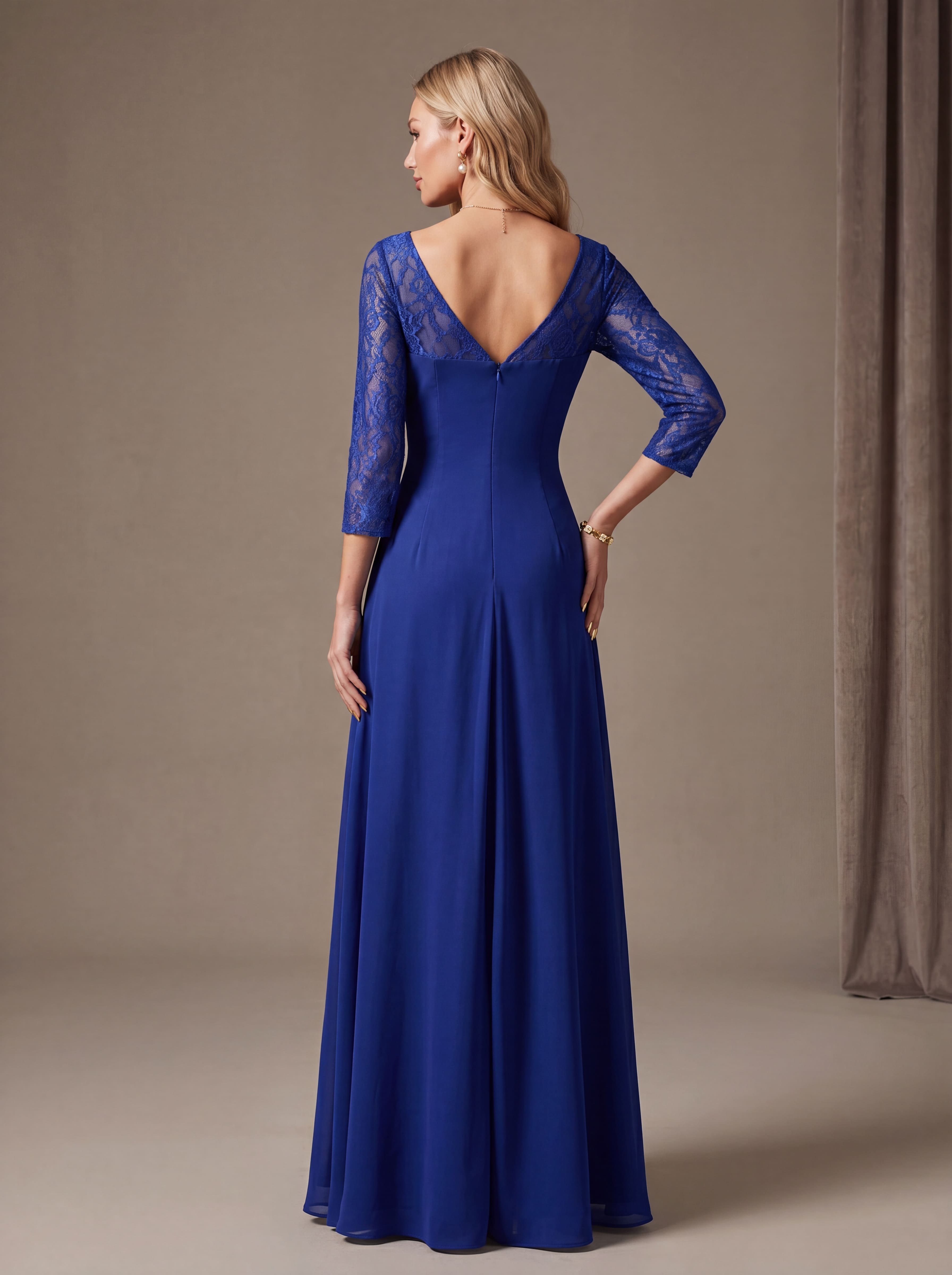 Elegant 3/4 Sleeve Lace Bodice Chiffon Maxi Dress | Ruched Waist Formal Evening Gown
