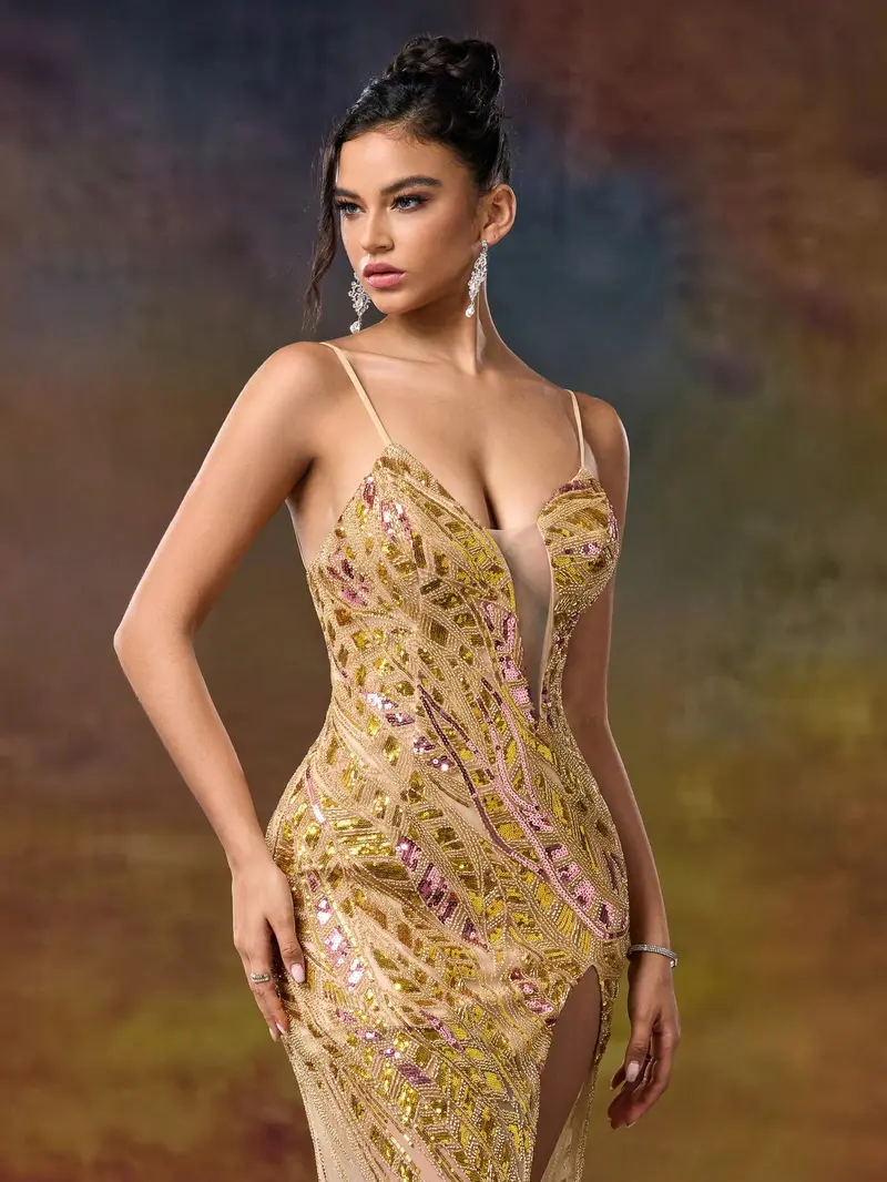 Golden Champagne Sequin Mermaid Prom Dress - Illusion V-Neck Evening Gown with High Slit & Tulle Train