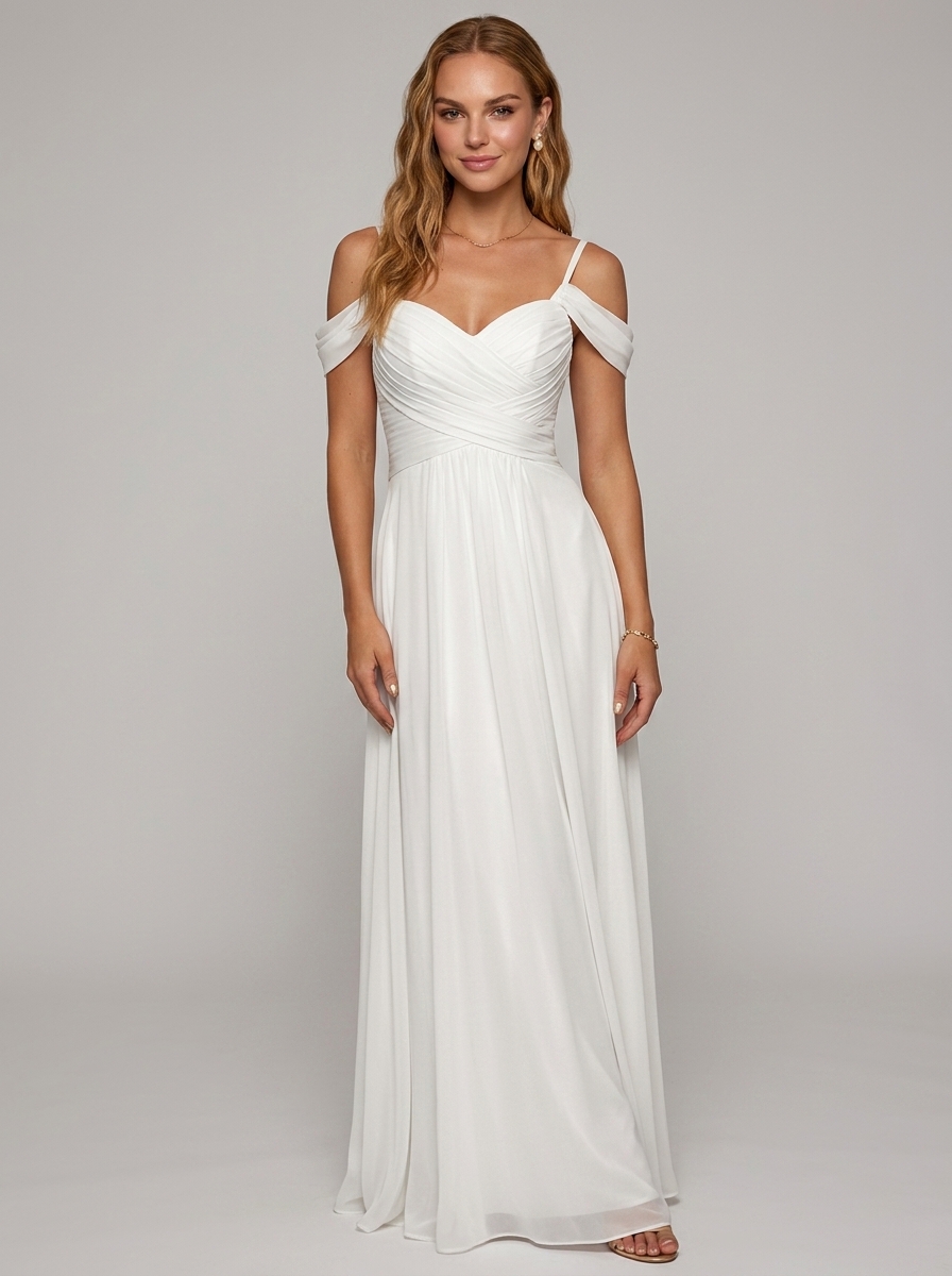 Minimalist Chiffon Off-Shoulder A-Line Maxi Dress | Ruched Sweetheart Formal Gown with Secure Straps