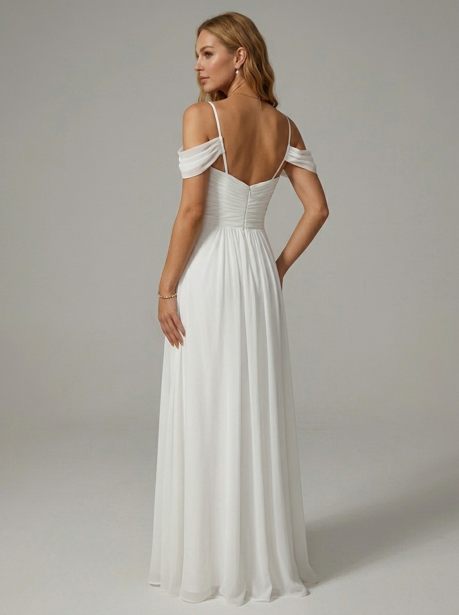 Minimalist Chiffon Off-Shoulder A-Line Maxi Dress | Ruched Sweetheart Formal Gown with Secure Straps