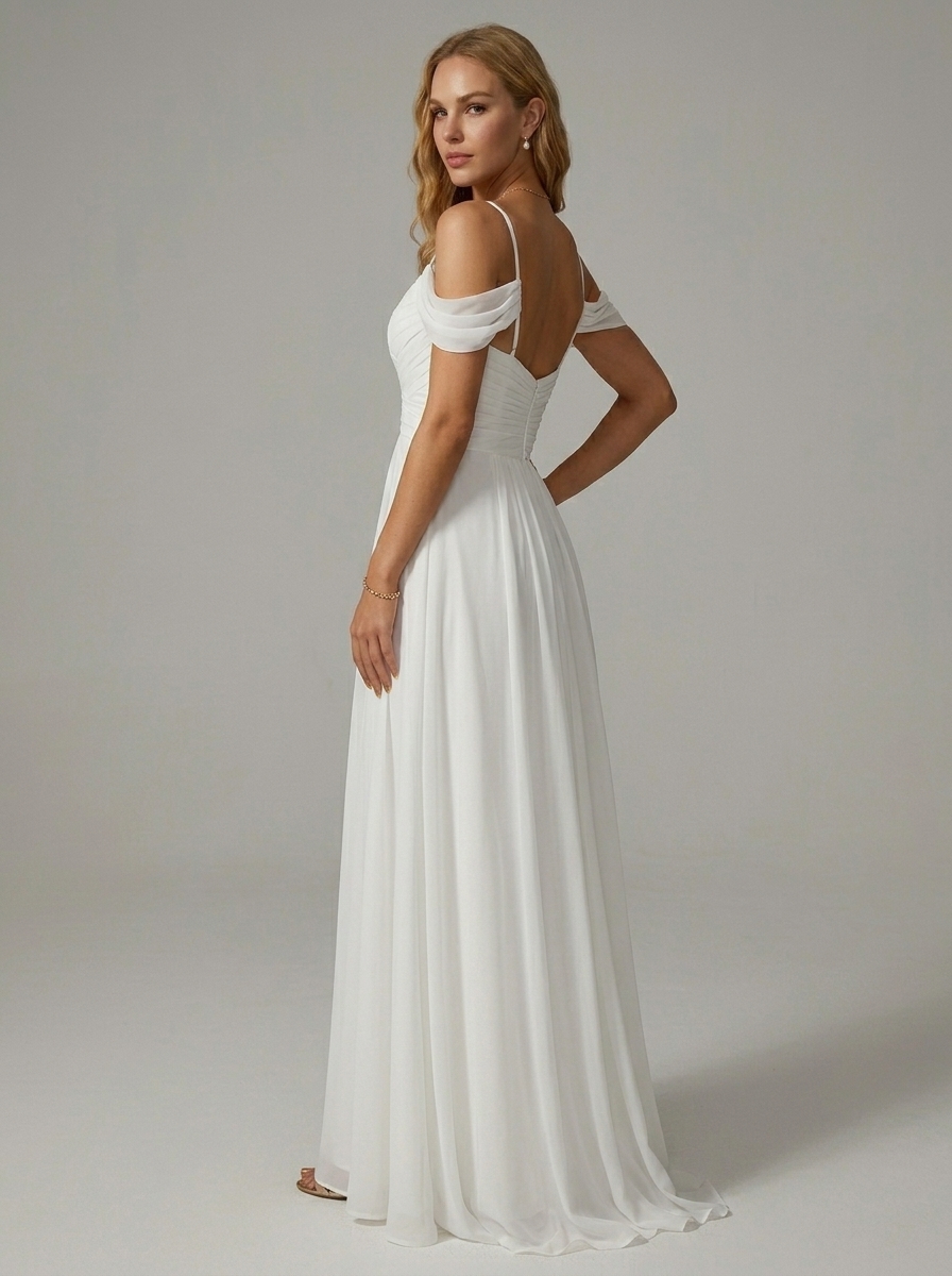 Minimalist Chiffon Off-Shoulder A-Line Maxi Dress | Ruched Sweetheart Formal Gown with Secure Straps