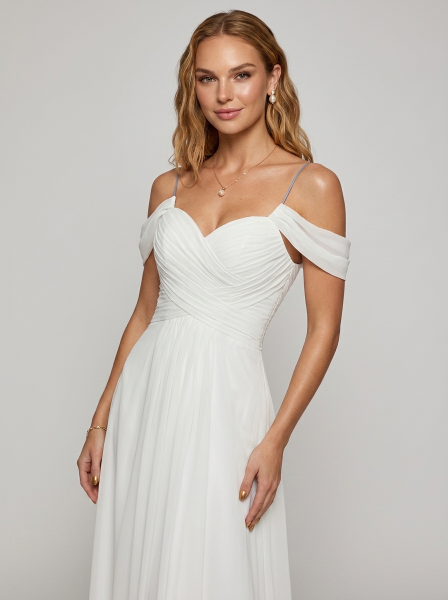Minimalist Chiffon Off-Shoulder A-Line Maxi Dress | Ruched Sweetheart Formal Gown with Secure Straps