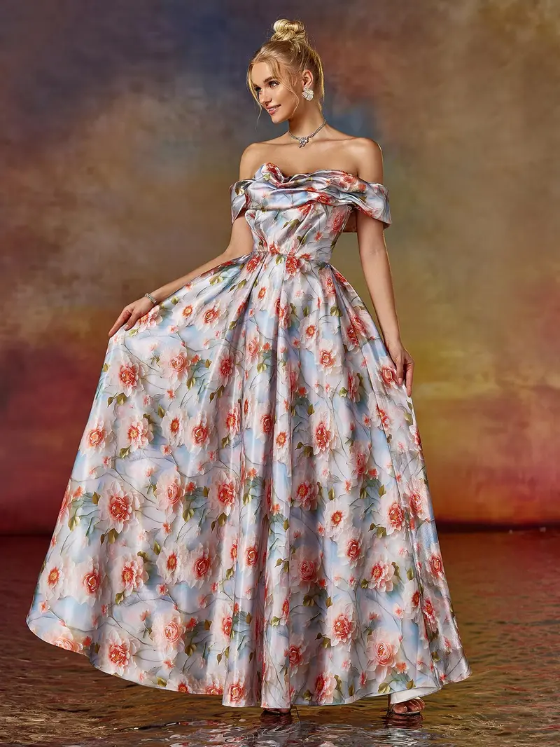 Vintage Floral Off-The-Shoulder Evening Gown - Pleated A-Line Prom Dress & Spring Wedding Guest Maxi
