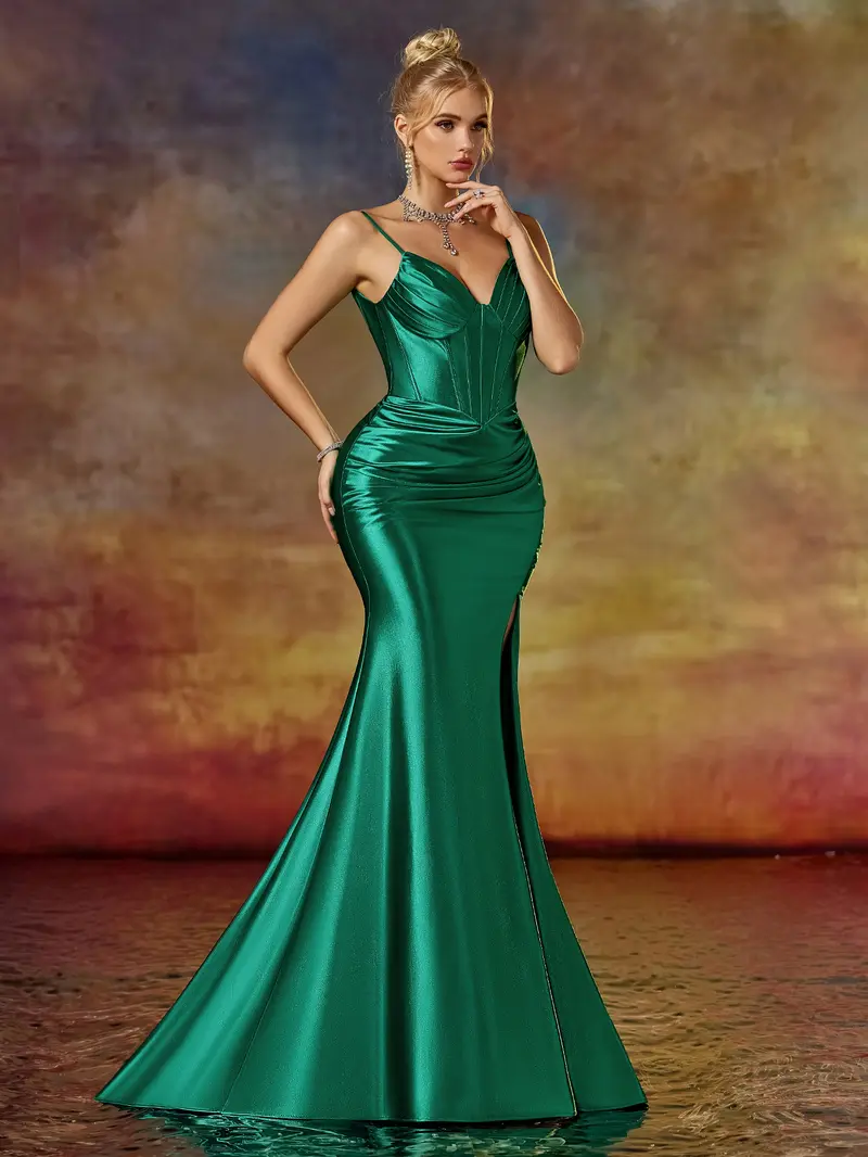 Emerald Green Satin Mermaid Prom Dress - Sweetheart Corset Evening Gown with Ruched Waist & High Slit