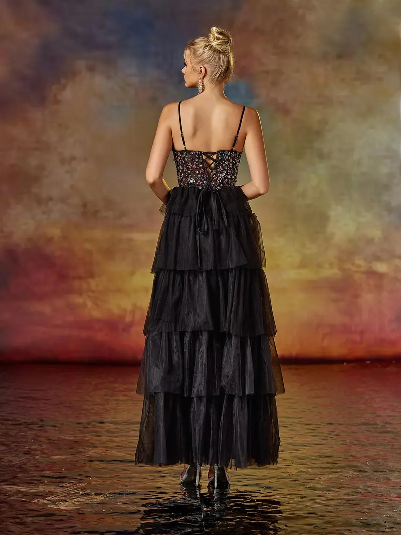 Exquisite Black Tiered Tulle Evening Gown - Floral Beaded Bodice Prom Dress with High Slit & Spaghetti Straps