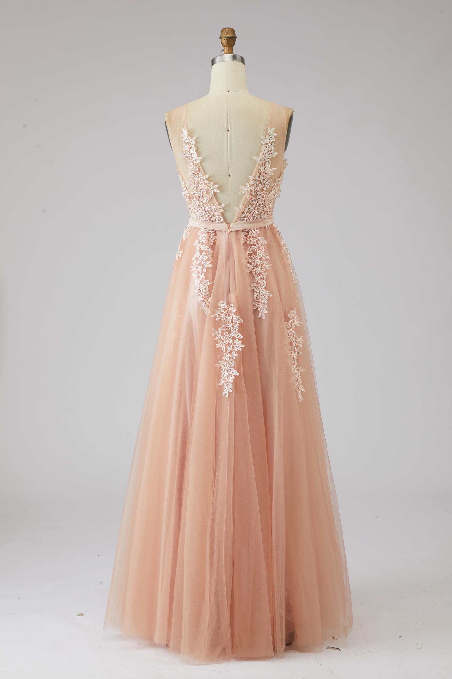 Ethereal Deep V-Neck Lace Applique Tulle A-Line Evening Gown | Backless Maxi Prom Dress for Formal Events