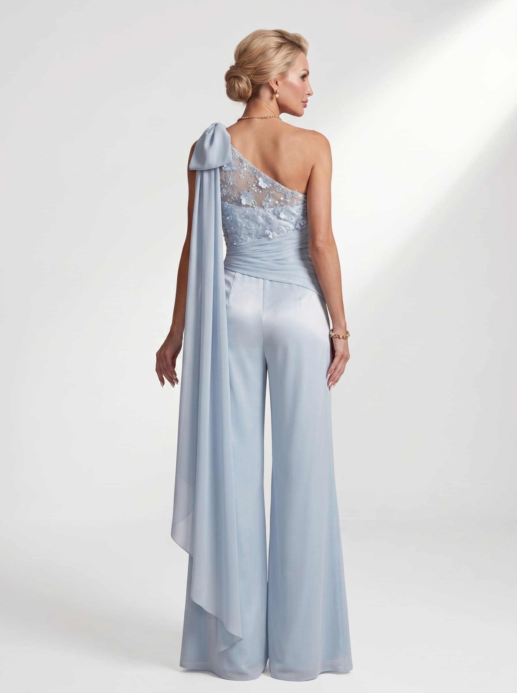 Sky Blue Floral Lace One-Shoulder Formal Pantsuit - Wide Leg Mother of the Bride Jumpsuit with Cape & Ruched Waist