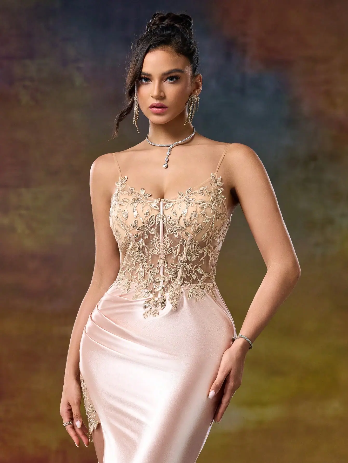 Blush Satin Mermaid Prom Dress - Illusion Gold Lace Corset Evening Gown with High Slit & Ruched Waist