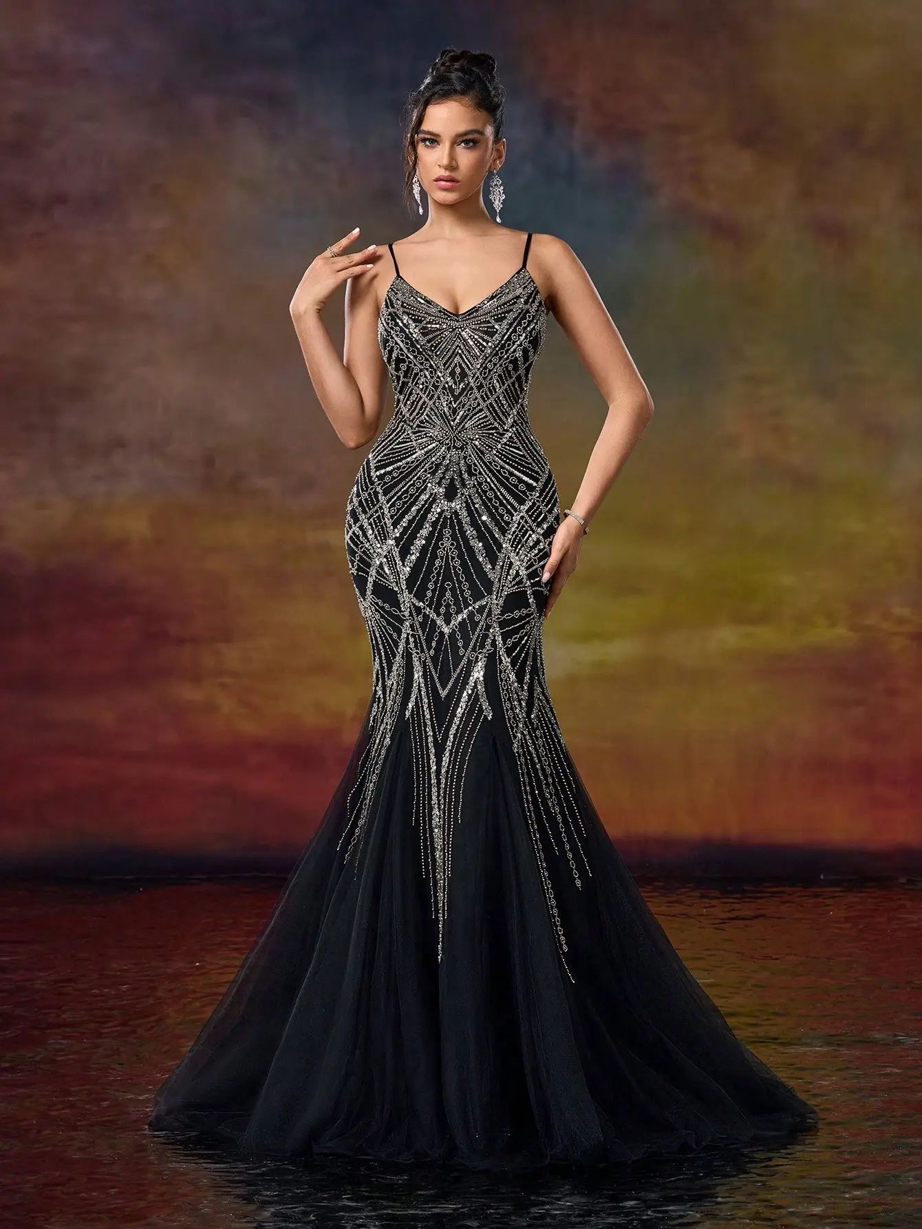 Black Art Deco Crystal Beaded Mermaid Evening Gown - Spaghetti Strap Tulle Prom Dress & Formal Gala Maxi