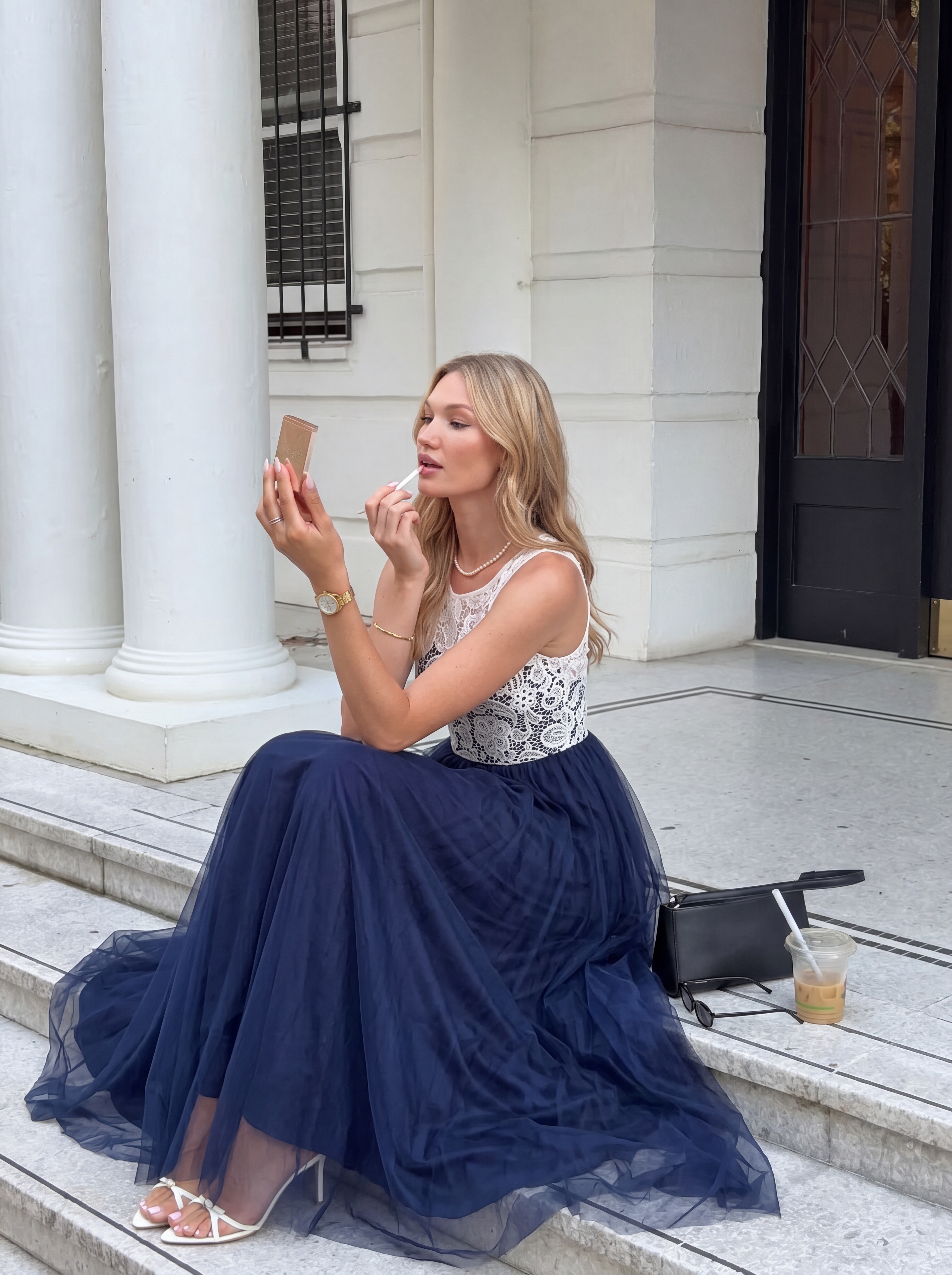 Navy Blue and White Lace Evening Dress Long - Illusion Neck Tulle Prom Ball Gown with Cap Sleeves