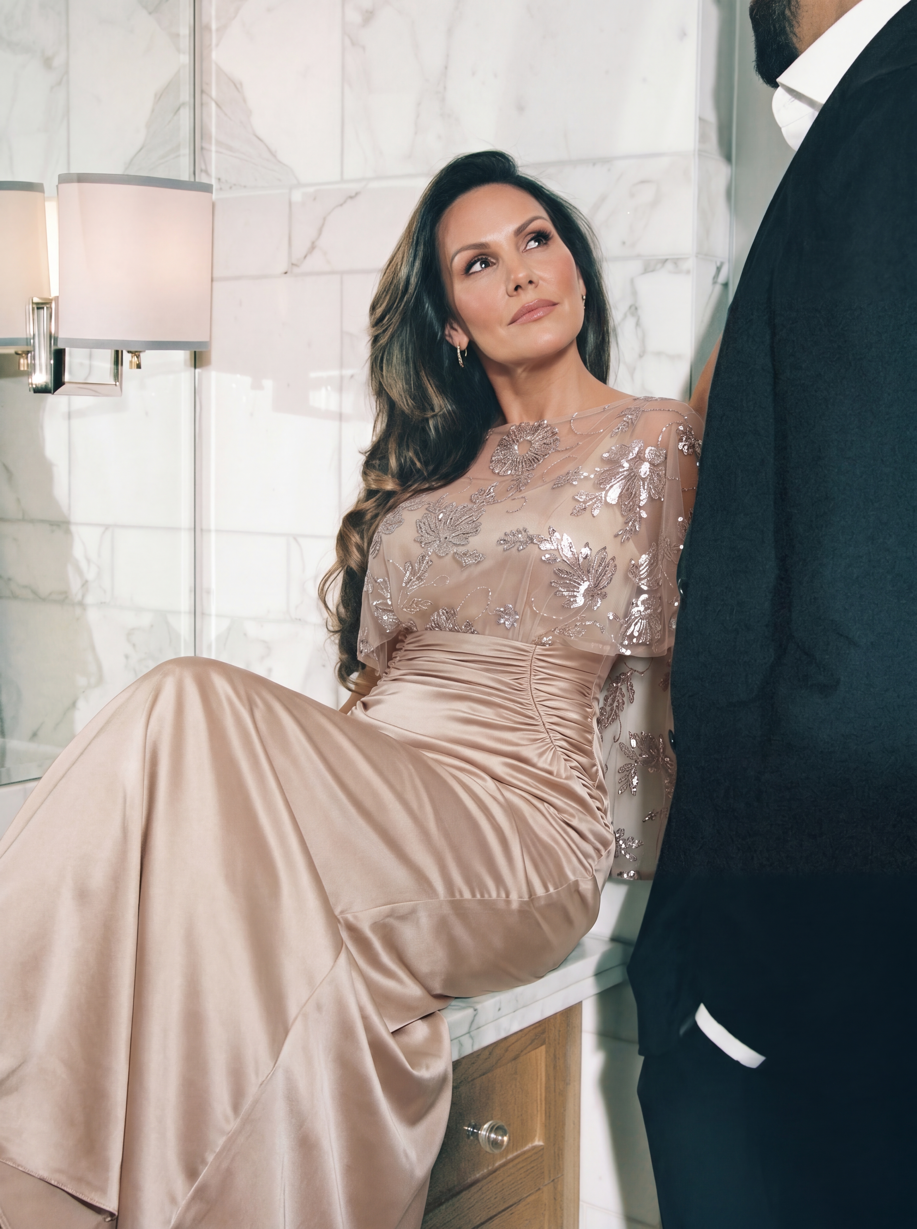 Champagne Floral Beaded Capelet Evening Gown - Ruched Satin Grandmother of the Bride Dress with Tummy Control