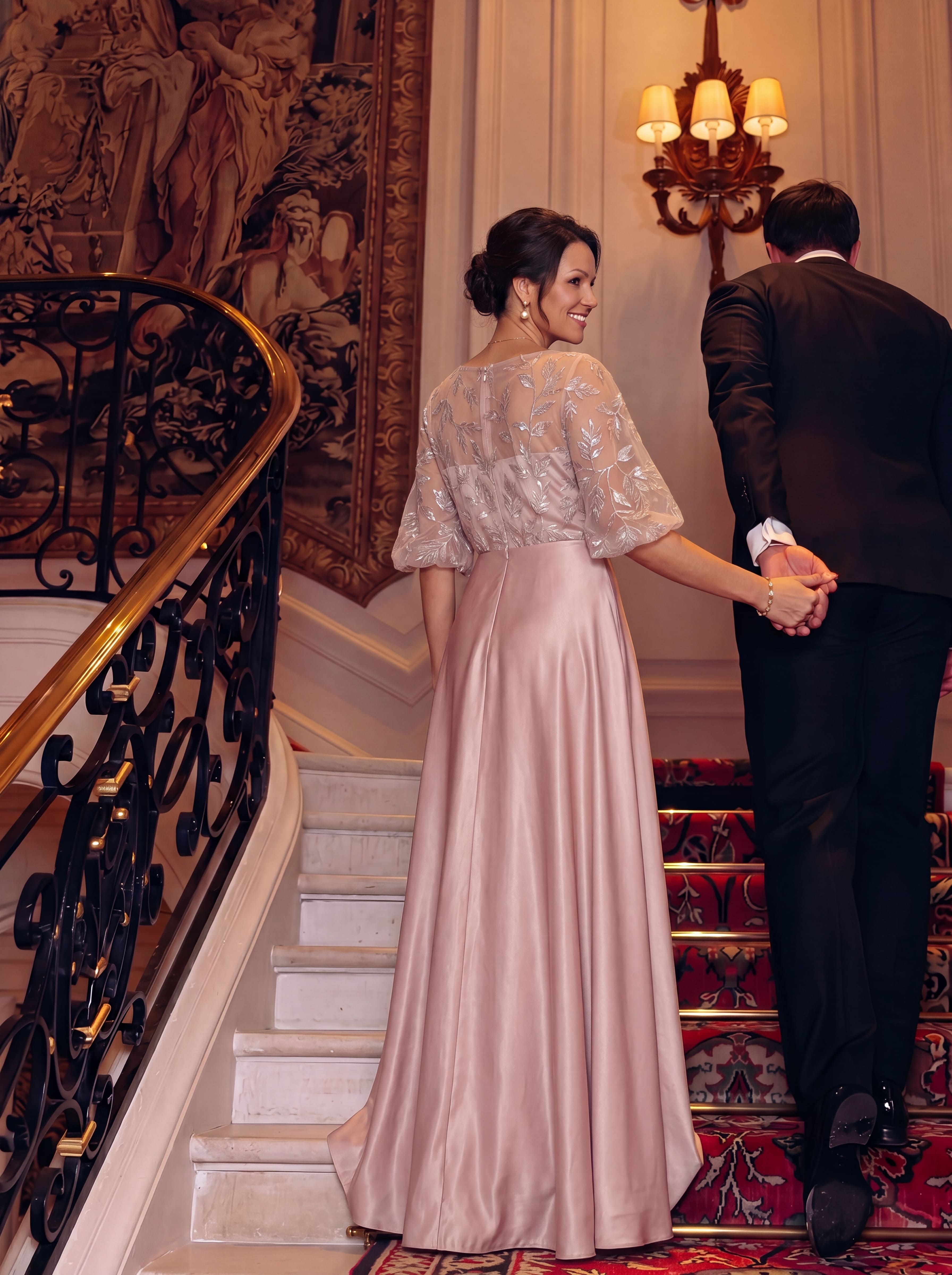 Blush Pink Floral Sequin A-Line Evening Gown - Batwing Sleeve mother of the Bride Dress with Pockets