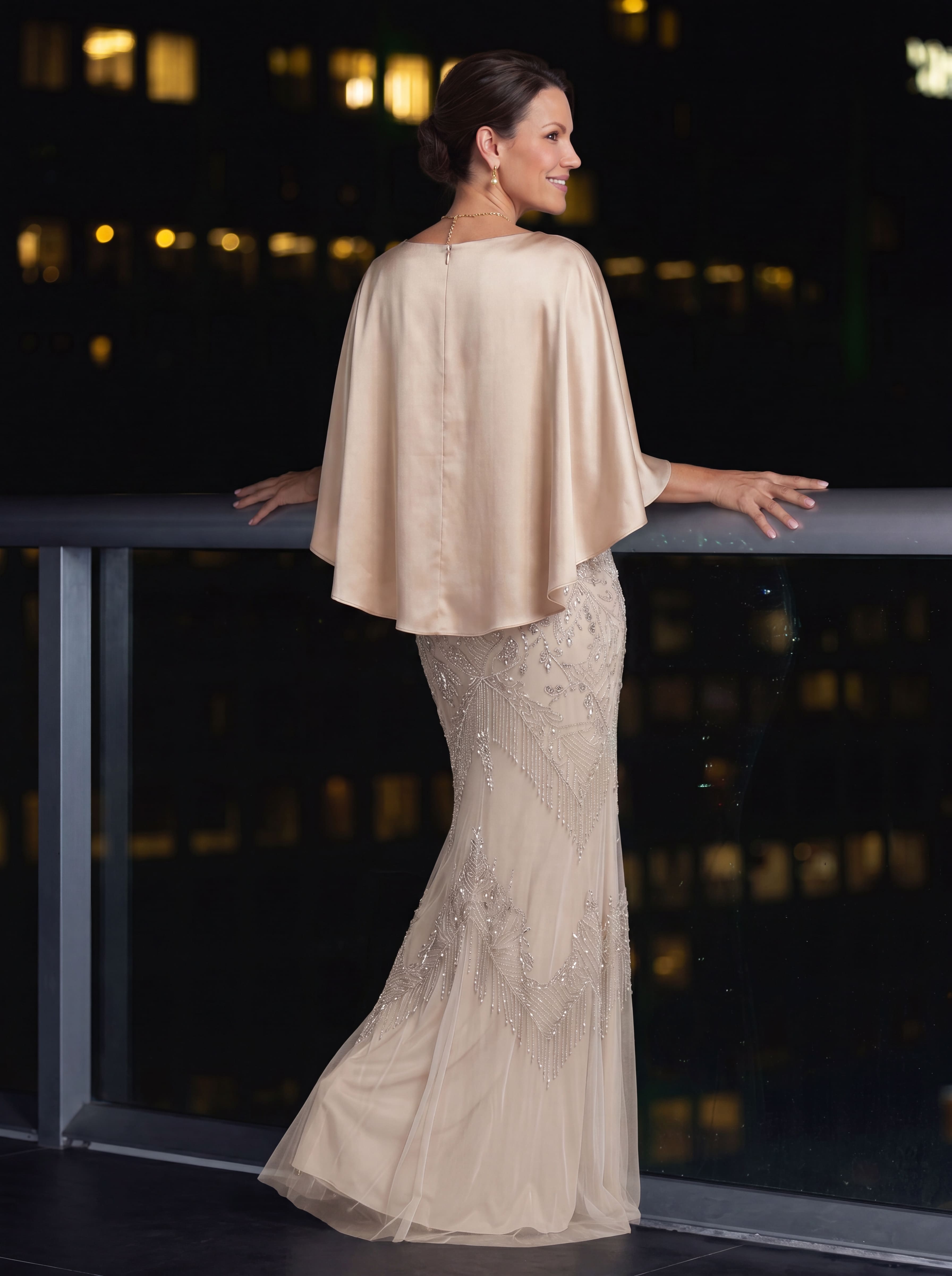 Champagne Art Deco Beaded Evening Gown - Satin Batwing mother of the Bride Dress with Pockets & Ruched Waist