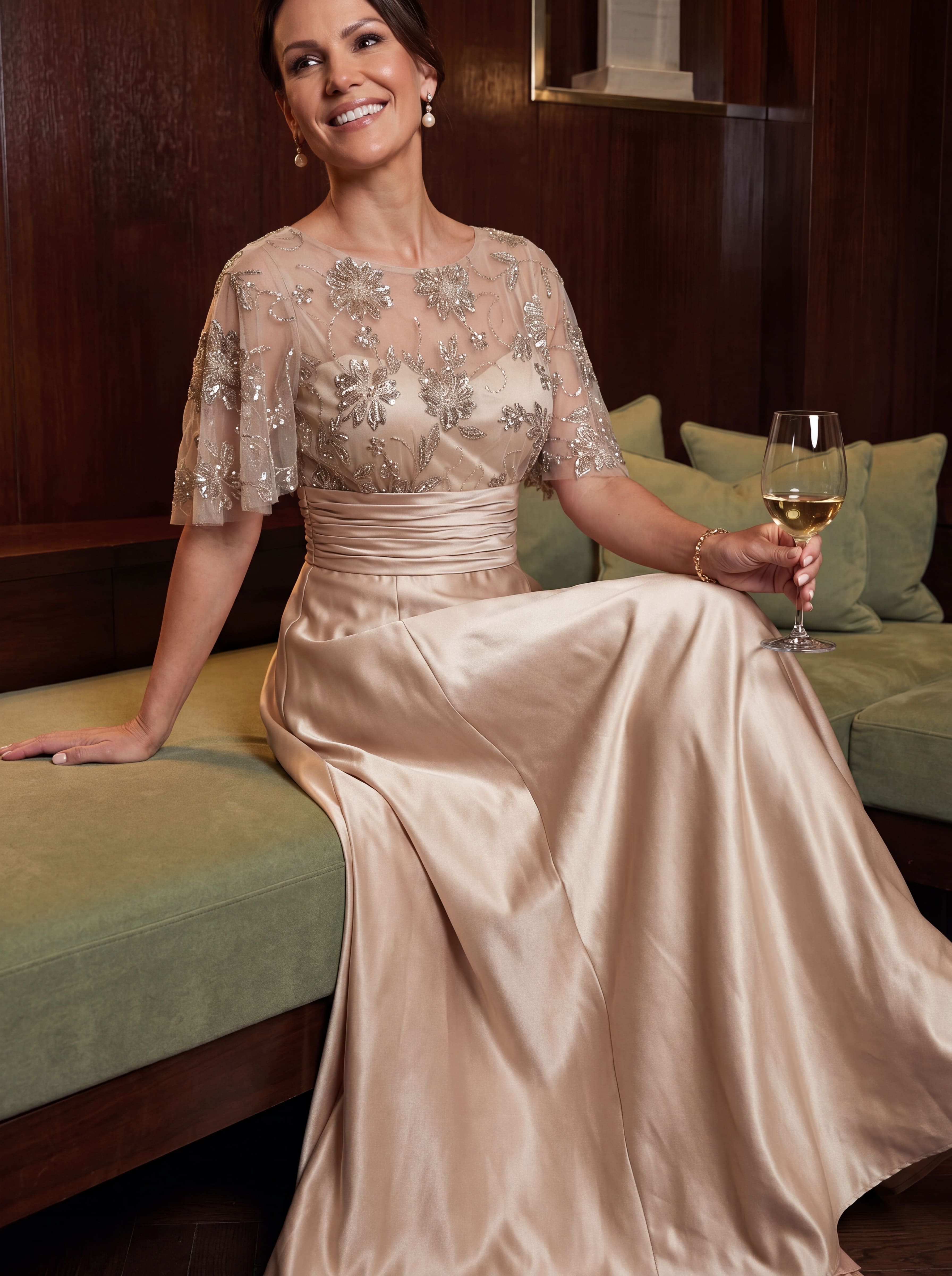 Champagne Floral Beaded Capelet Evening Gown - Ruched Satin A-Line mother of the Bride Dress