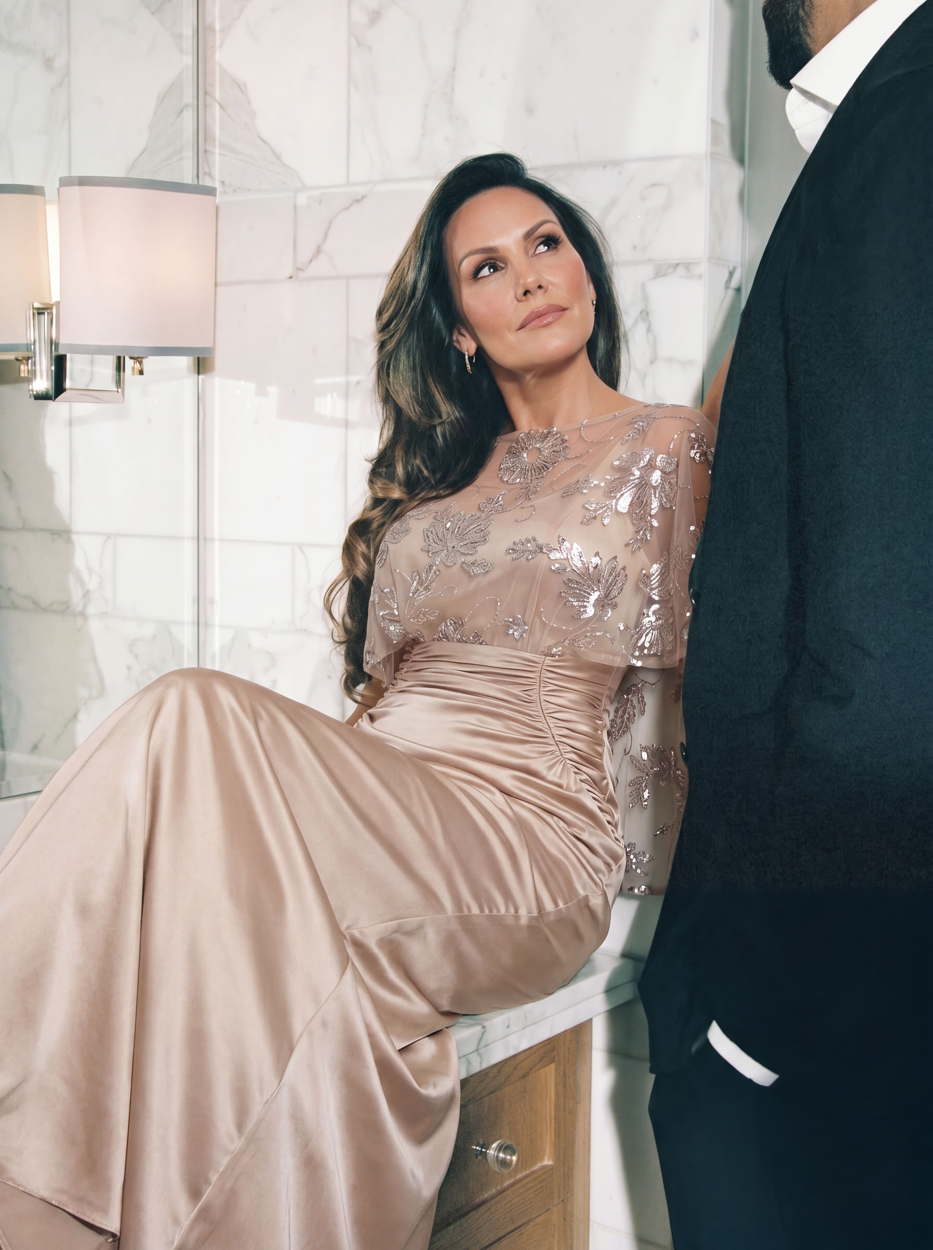 Champagne Floral Beaded Capelet Evening Gown - Ruched Satin mother of the Bride Dress with Tummy Control