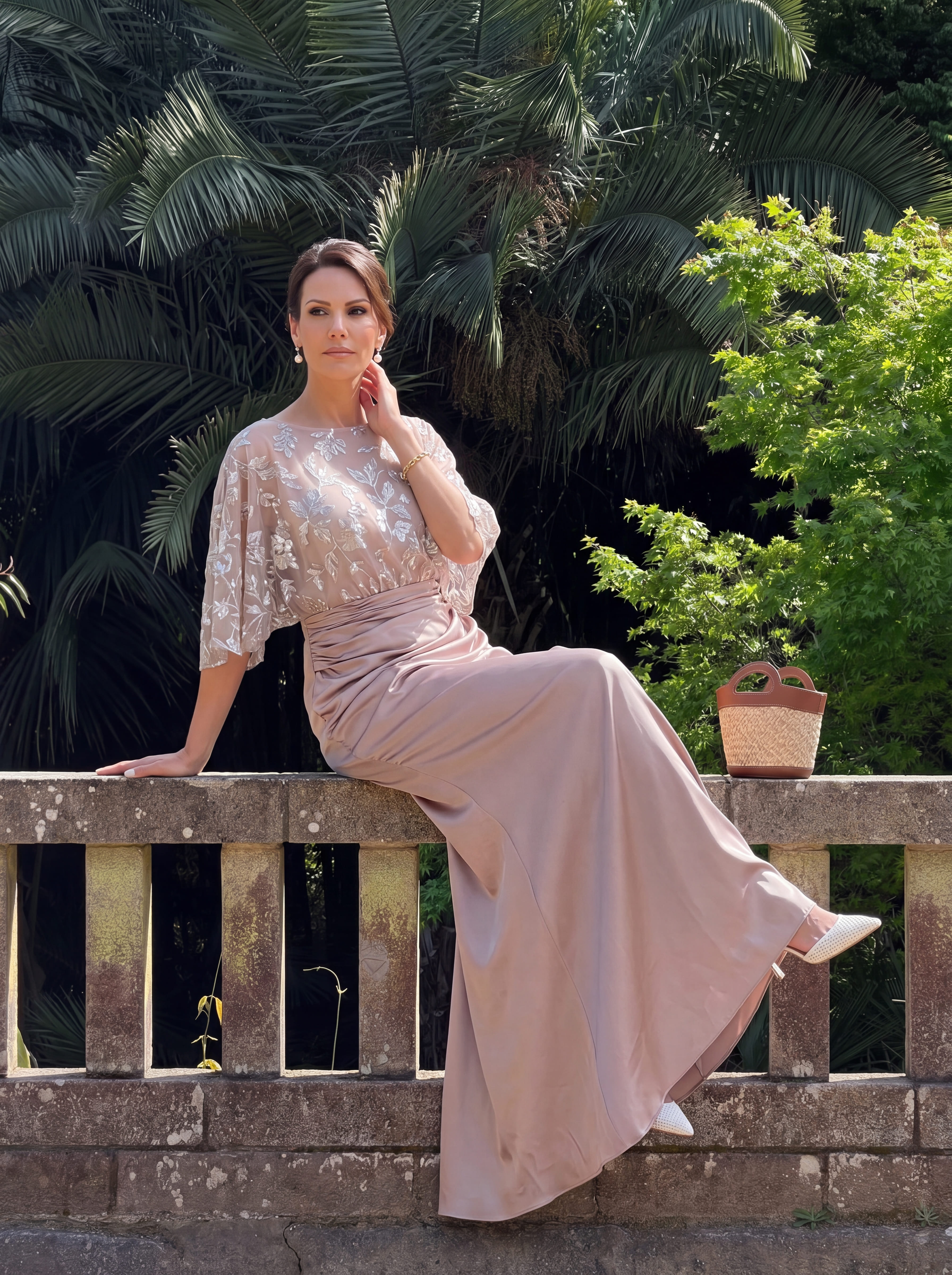Blush Pink Floral Sequin Evening Gown - Batwing Sleeve Ruched Satin Mother of the Bride Dress