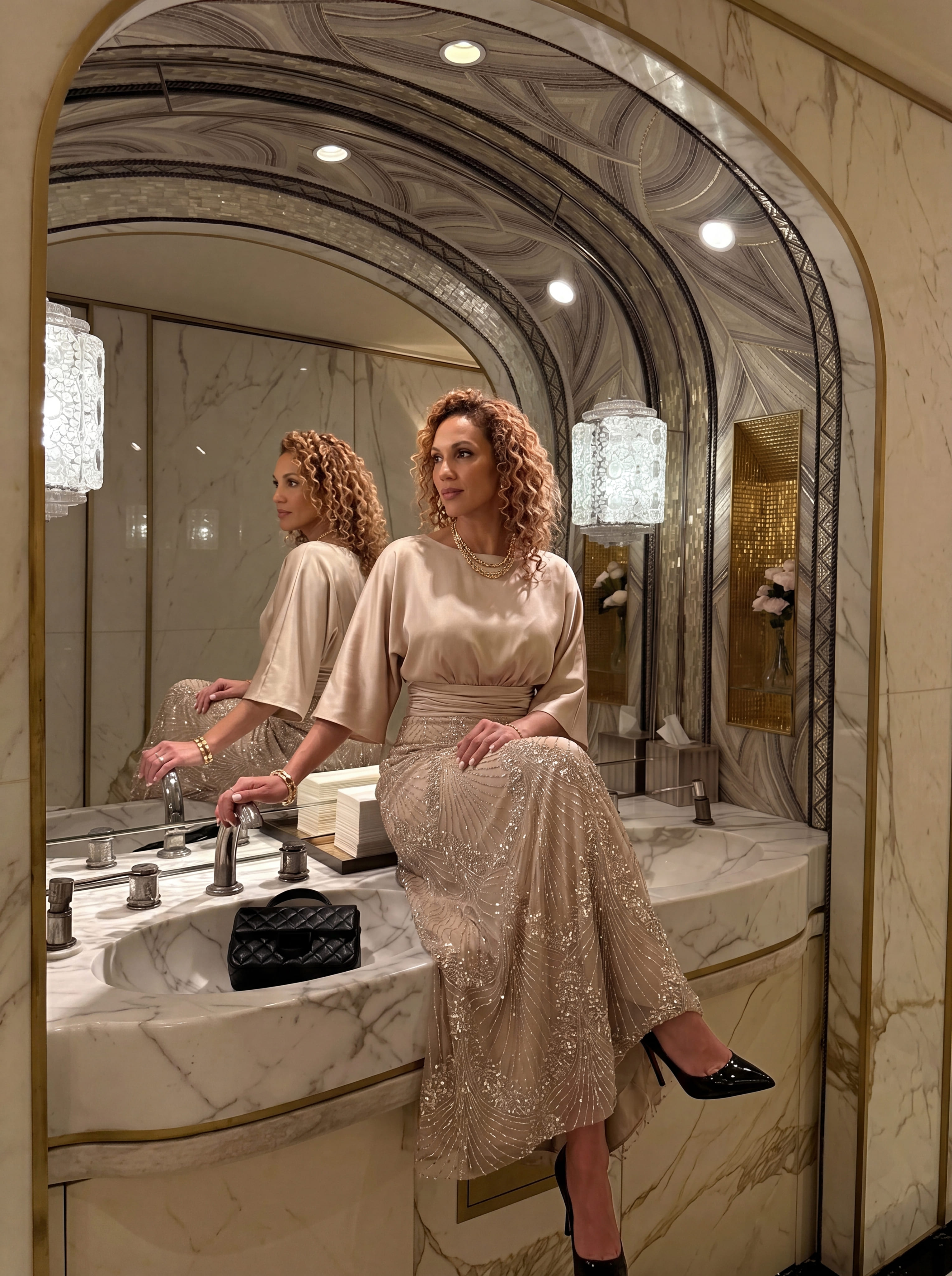 Champagne Art Deco Beaded A-Line Gown - Satin Batwing mother of the Bride Dress with Ruched Waist