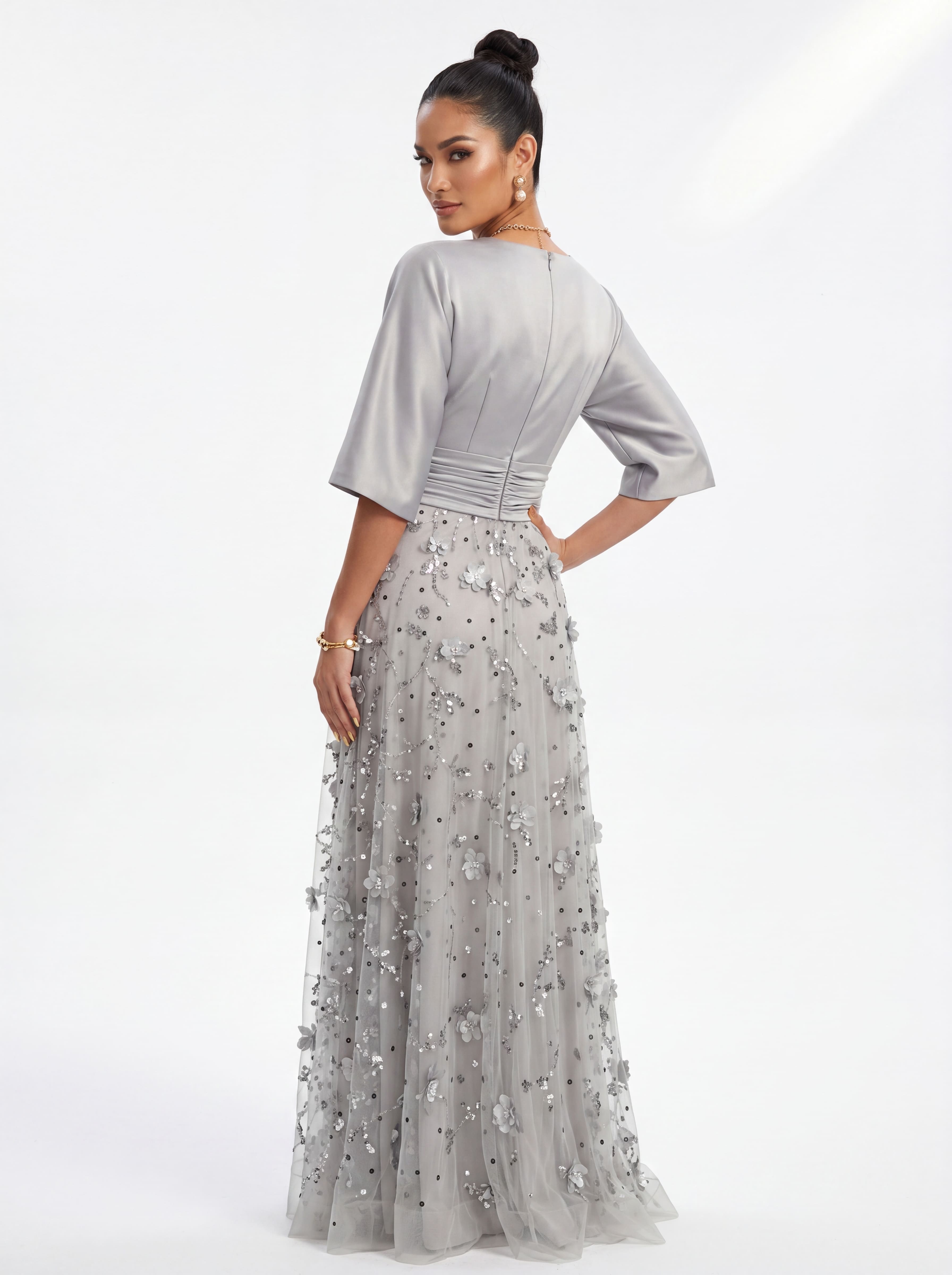 Silver 3D Floral Sequin A-Line Evening Gown - Satin Batwing Sleeve Grandmother of the Bride Dress with Ruched Waist