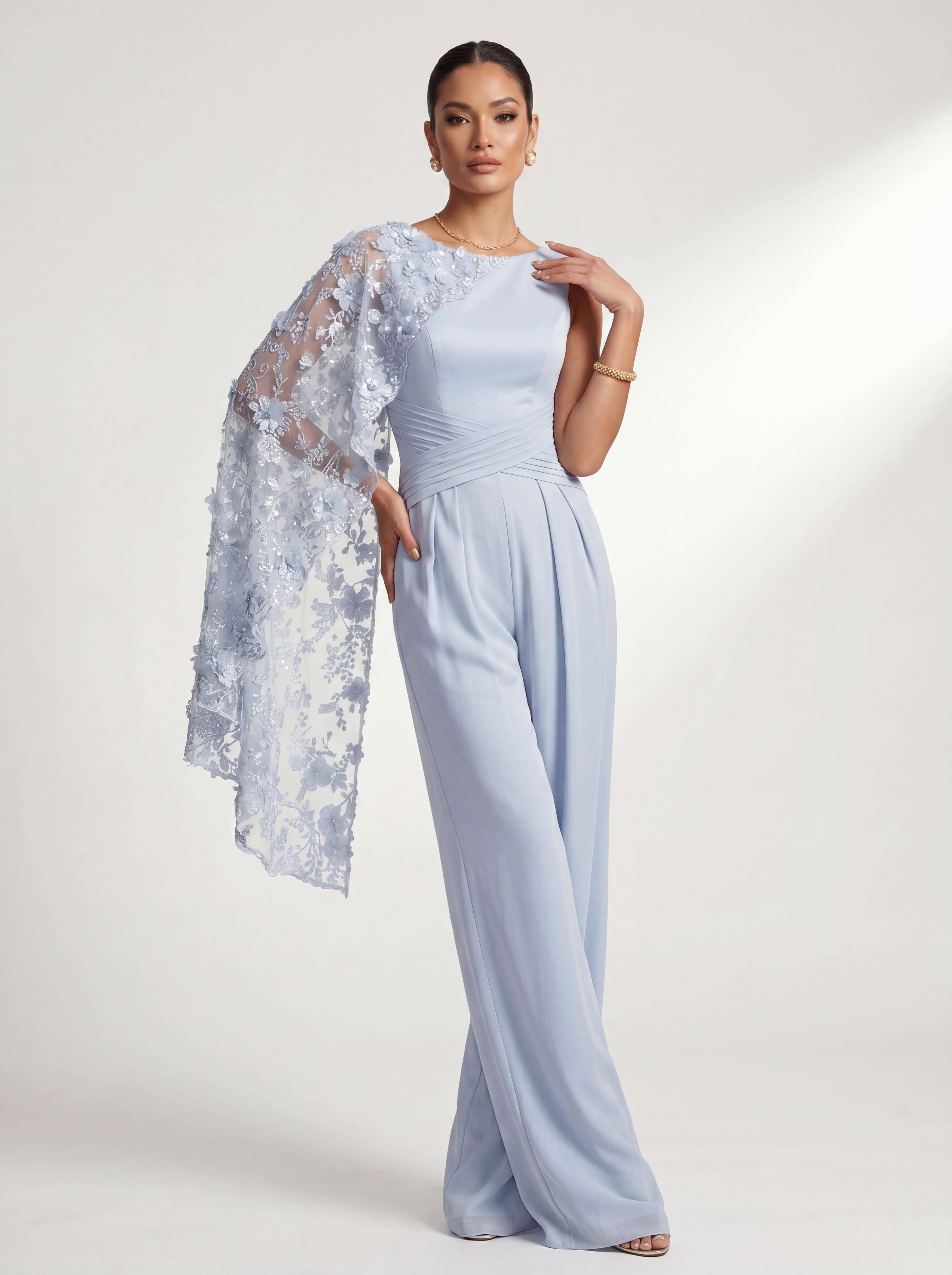 Sky Blue Floral Cape Formal Pantsuit - Boat Neck Wide Leg Mother of the Bride Jumpsuit with Ruched Waist & Pockets