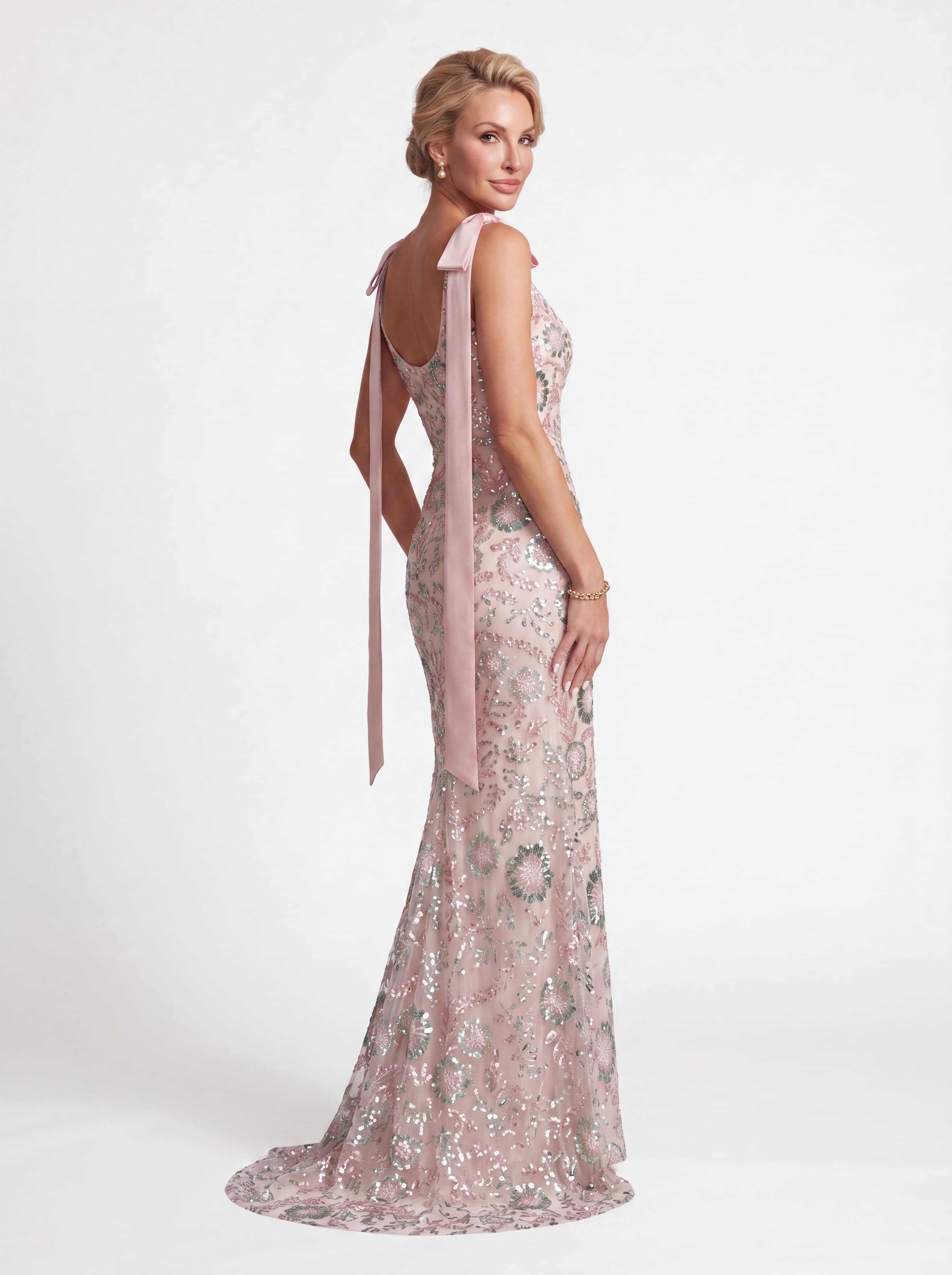 Blush Pink Beaded Floral Mermaid Evening Gown - Boat Neck Mother of the Bride Dress with Satin Shoulder Bows
