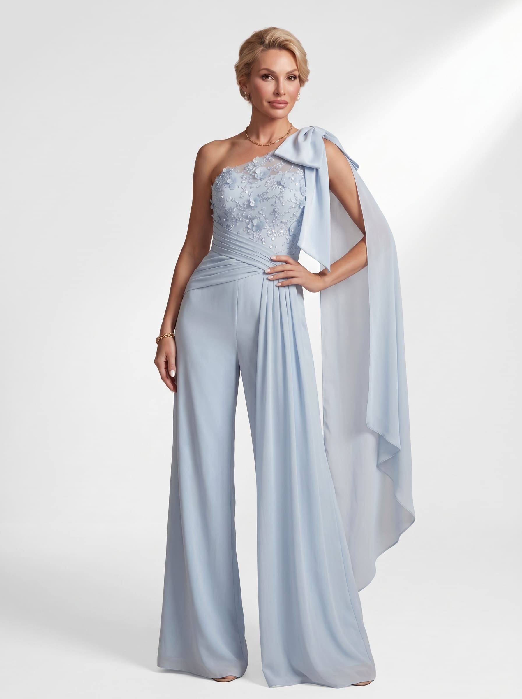 Sky Blue Floral Lace One-Shoulder Formal Pantsuit - Wide Leg Mother of the Bride Jumpsuit with Cape & Ruched Waist