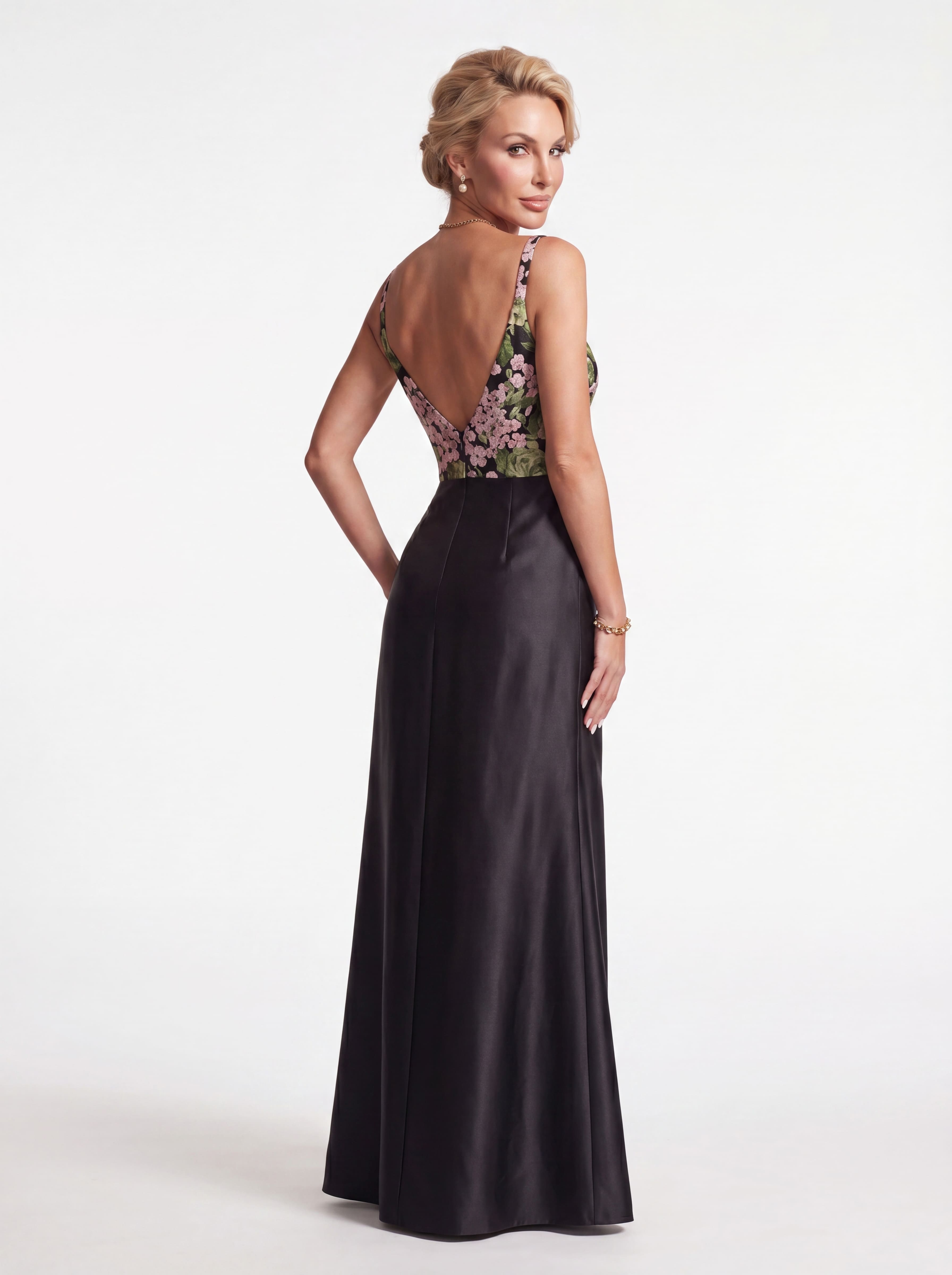 Black Floral Embroidered V-Neck Evening Gown - Structured Satin A-Line Mother of the Bride Dress with Slit