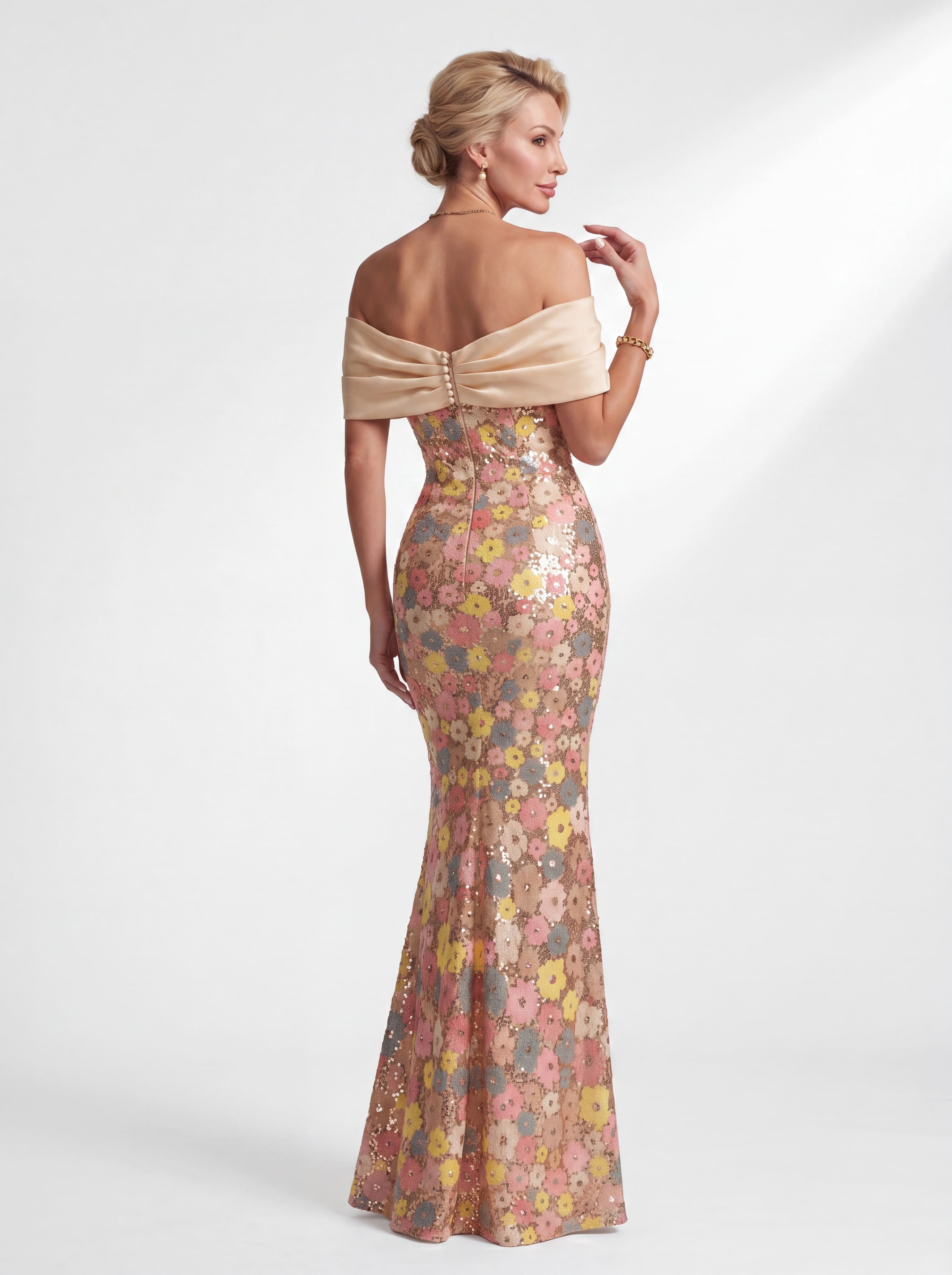 Champagne Pastel Floral Sequin Mermaid Evening Gown - Off-The-Shoulder Satin Bow Prom & Mother of the Bride Dress