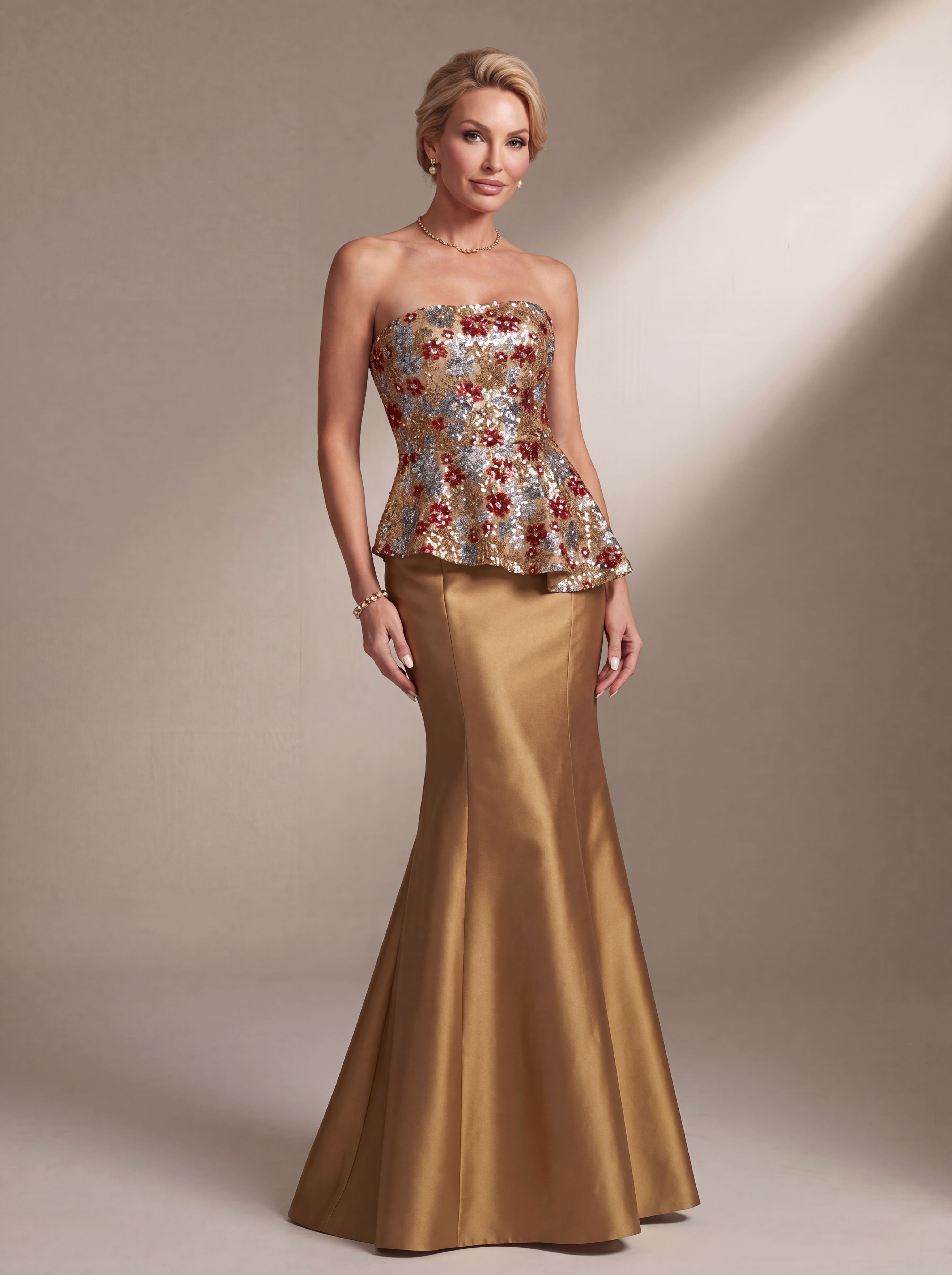 Gold Floral Sequin Peplum Evening Gown - Strapless Satin Mermaid Mother of the Bride Dress