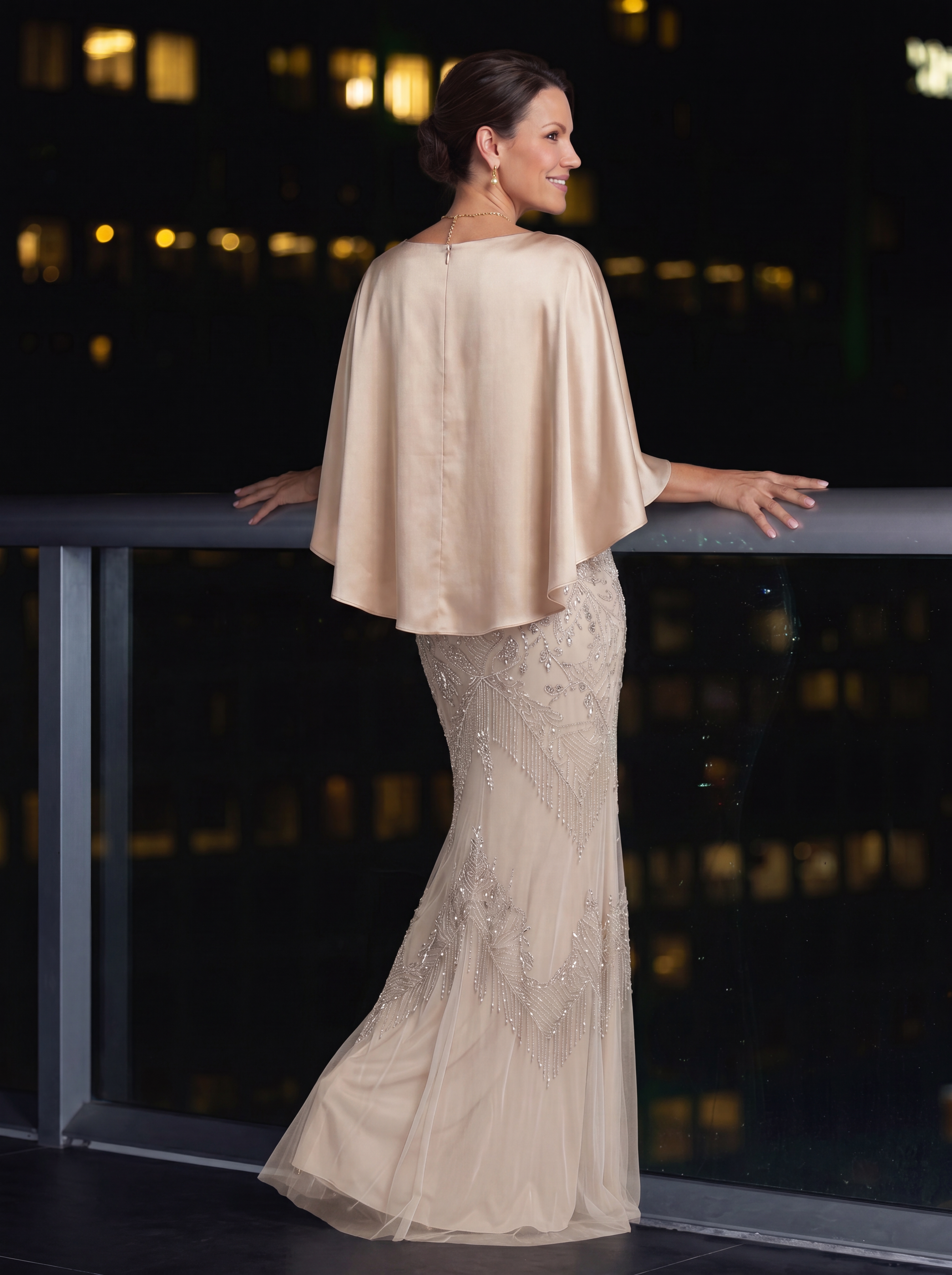 Champagne Art Deco Beaded Evening Gown - Satin Batwing Grandmother of the Bride Dress with Pockets & Ruched Waist