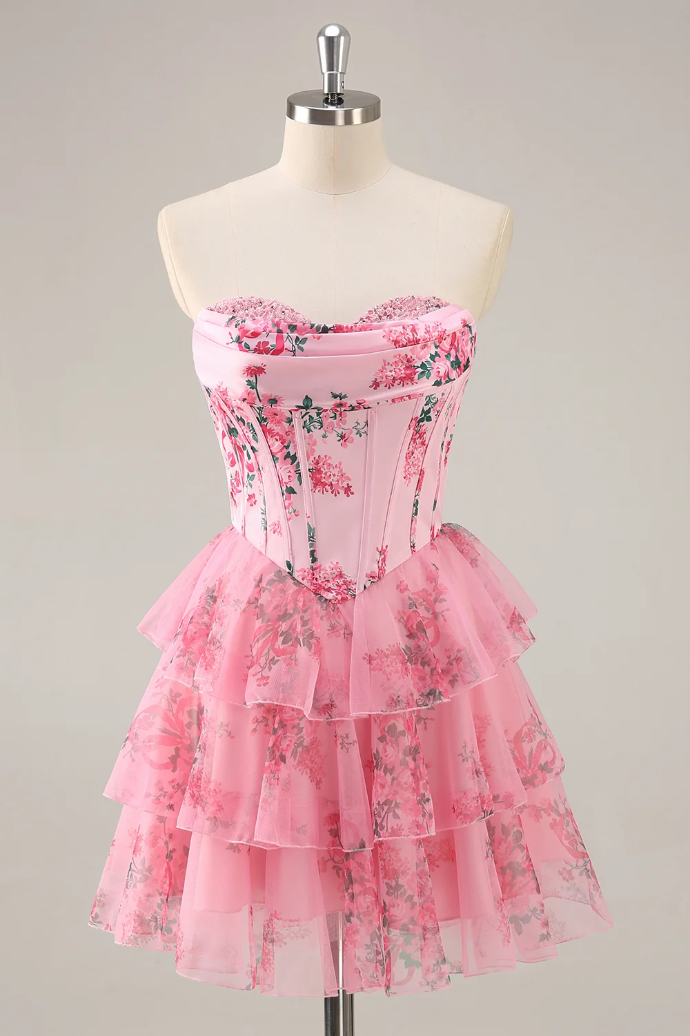 SKU - 505D02LF5067 A-Line Floral Cowl Neck Corset Tiered  Homecoming Dress