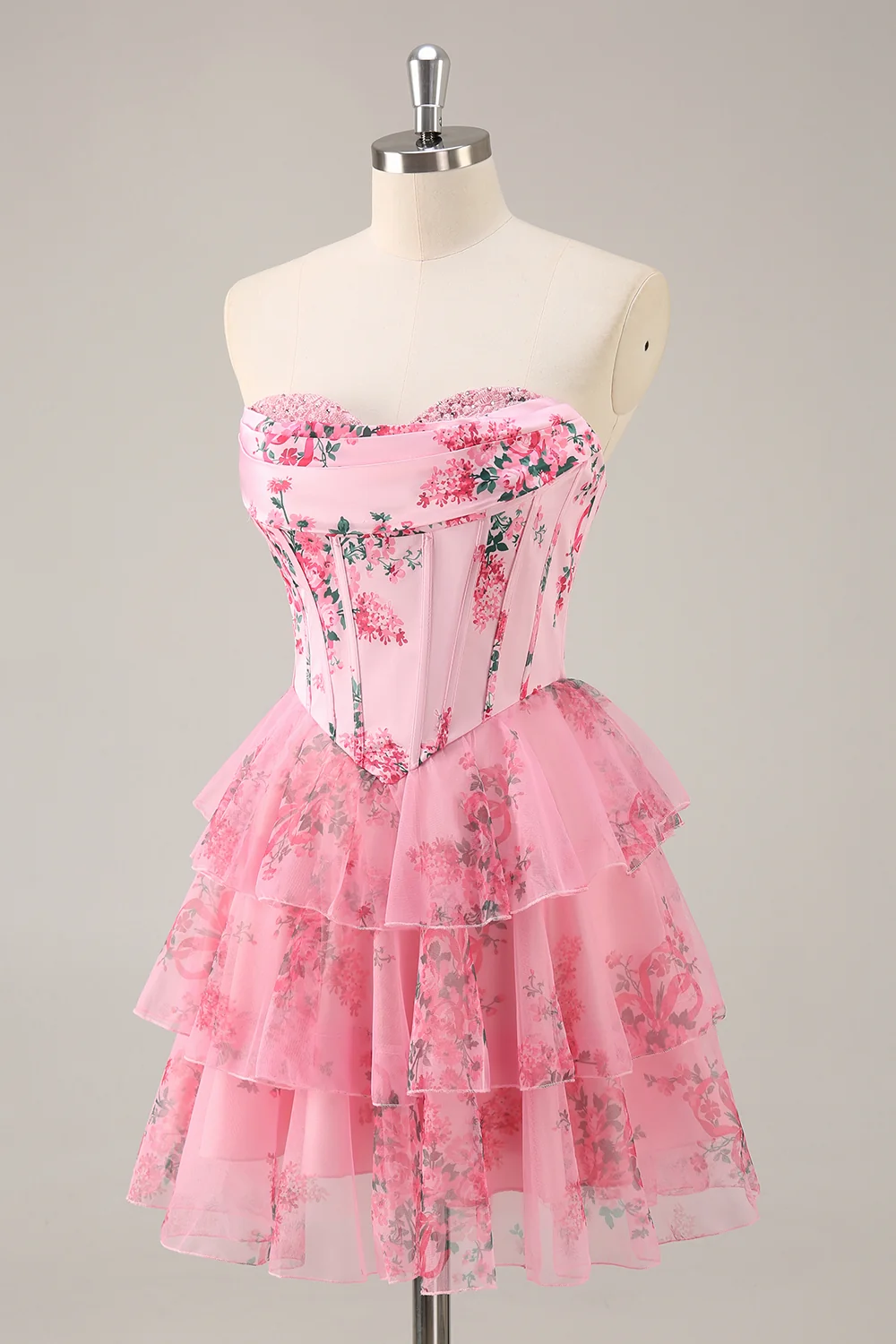 SKU - 505D02LF5067 A-Line Floral Cowl Neck Corset Tiered  Homecoming Dress