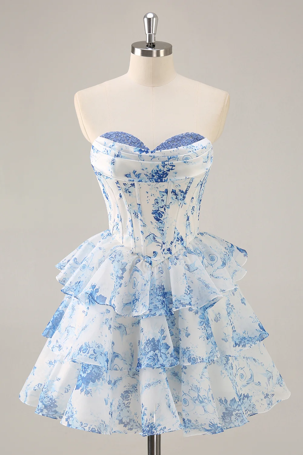 SKU - 505D02LF5067 A-Line Floral Cowl Neck Corset Tiered  Homecoming Dress