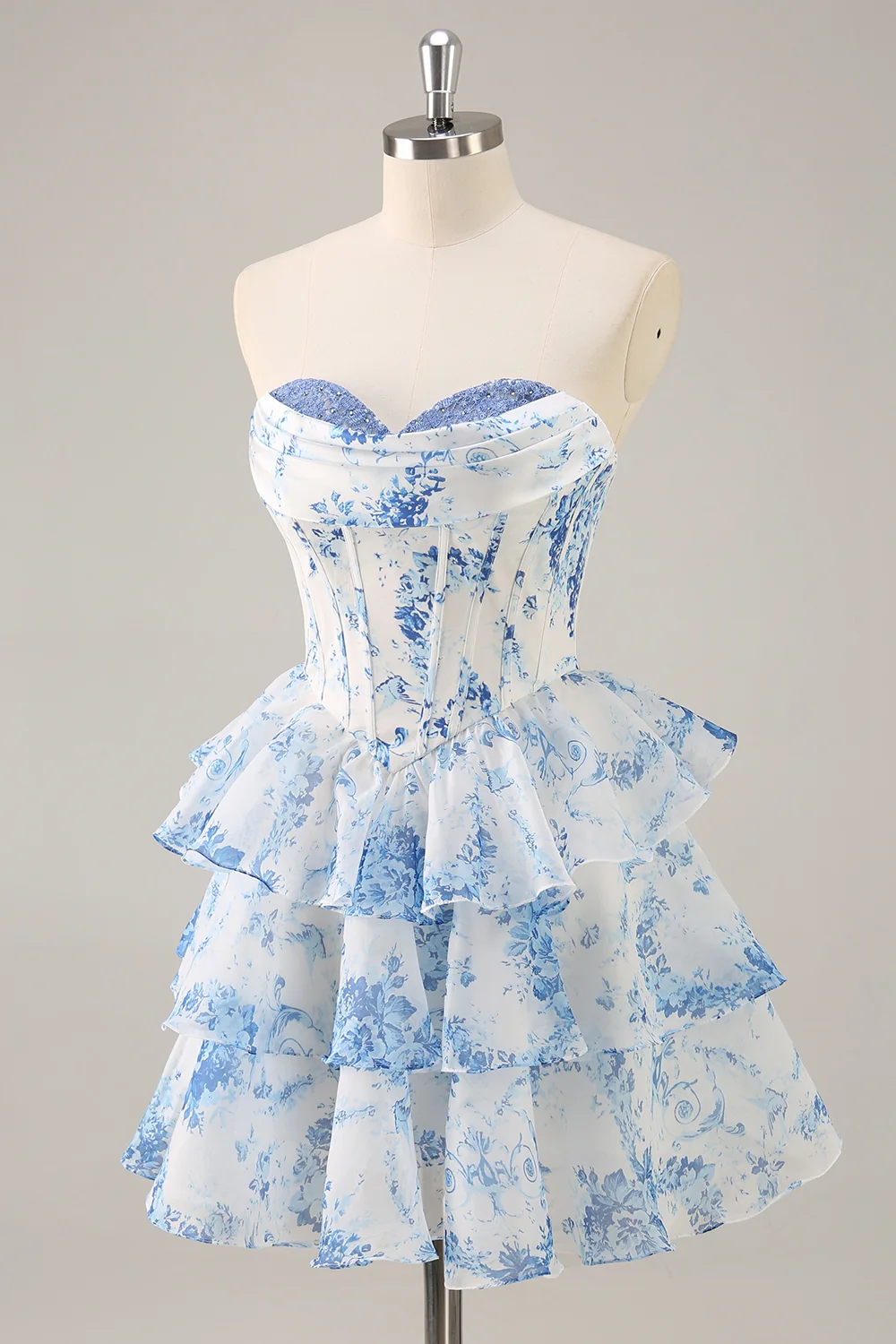 SKU - 505D02LF5067 A-Line Floral Cowl Neck Corset Tiered  Homecoming Dress