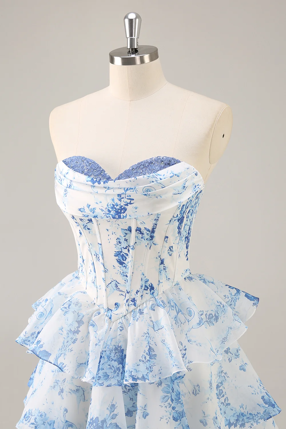 SKU - 505D02LF5067 A-Line Floral Cowl Neck Corset Tiered  Homecoming Dress