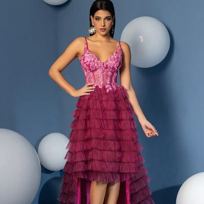 Ombré Pink to Purple High-Low Evening Gown - Sheer Corset Ruffled Tulle Prom Dress with Floral Embroidery
