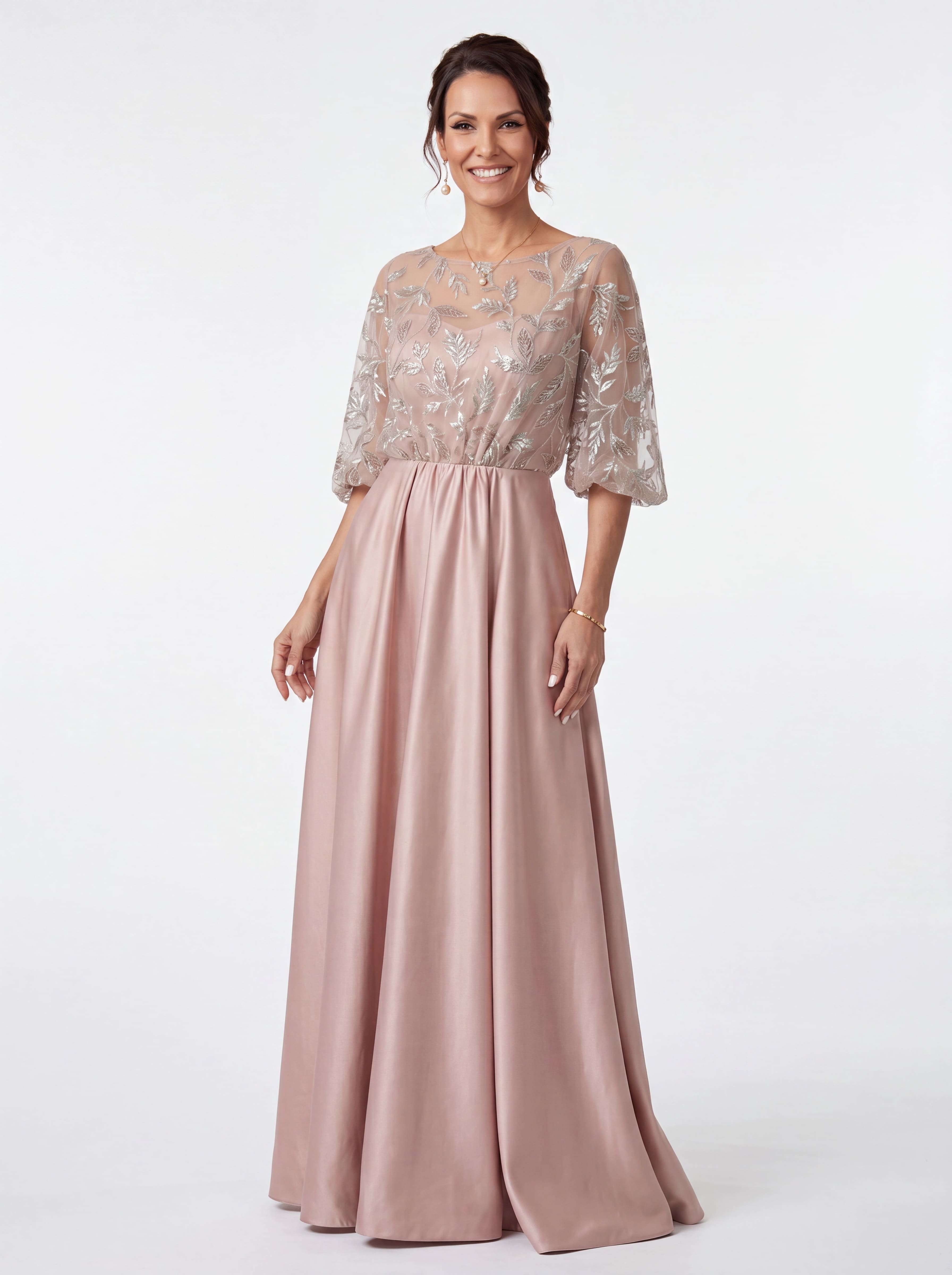 Blush Pink Floral Sequin A-Line Evening Gown - Batwing Sleeve mother of the Bride Dress with Pockets