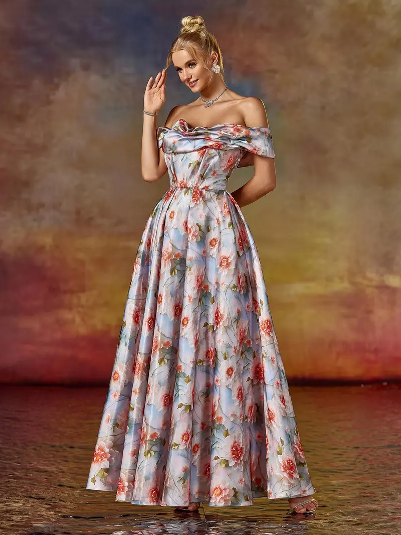 Vintage Floral Off-The-Shoulder Evening Gown - Pleated A-Line Prom Dress & Spring Wedding Guest Maxi