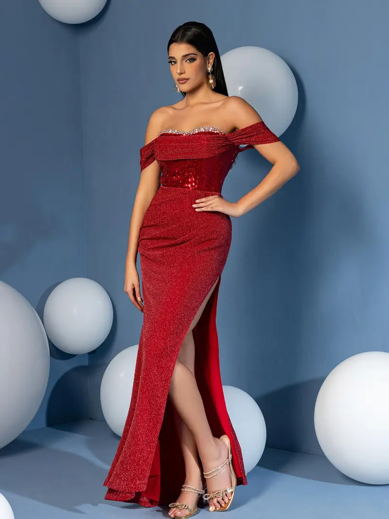 Glamorous Red Off-Shoulder Mermaid Prom Dress - Shimmer Sequin Bodycon Gown for Black-Tie Gala & Red Carpet